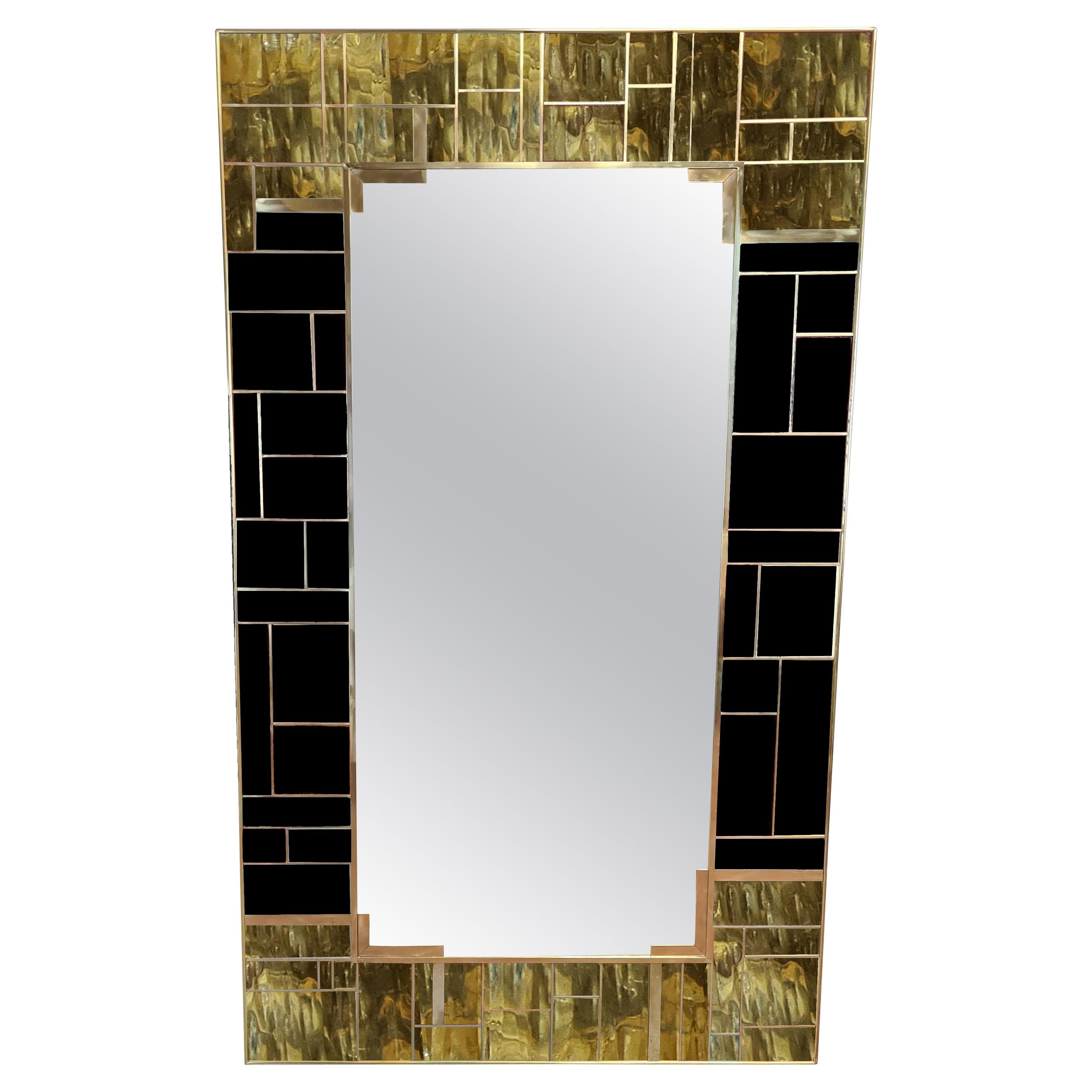 Magnificent Black Murano Glass and Brass Wall Mirror with Square Geometric Trim in vendita