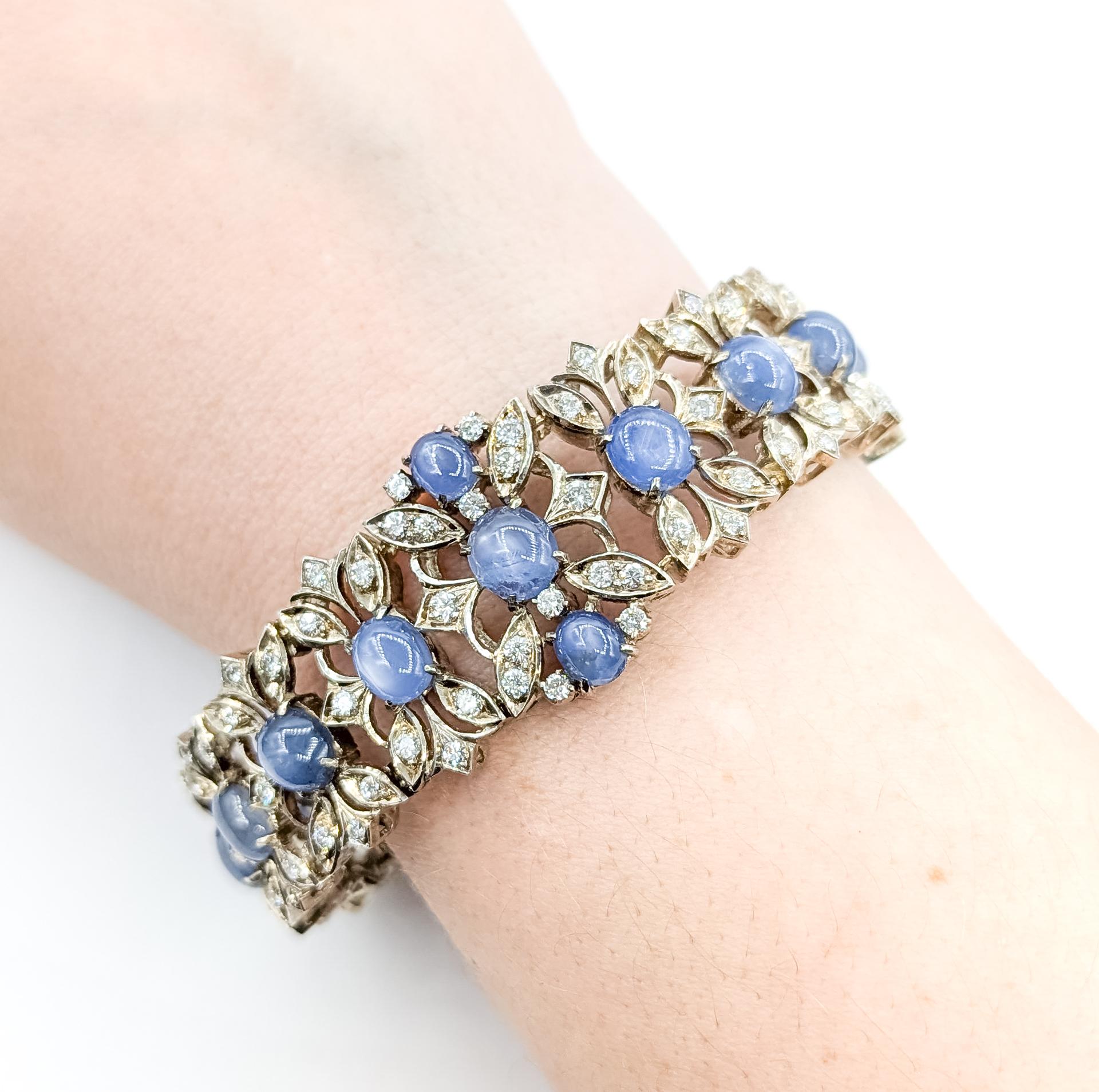 Rétro Magnifico bracciale brutalista con zaffiro blu e diamanti in argento sterling in vendita