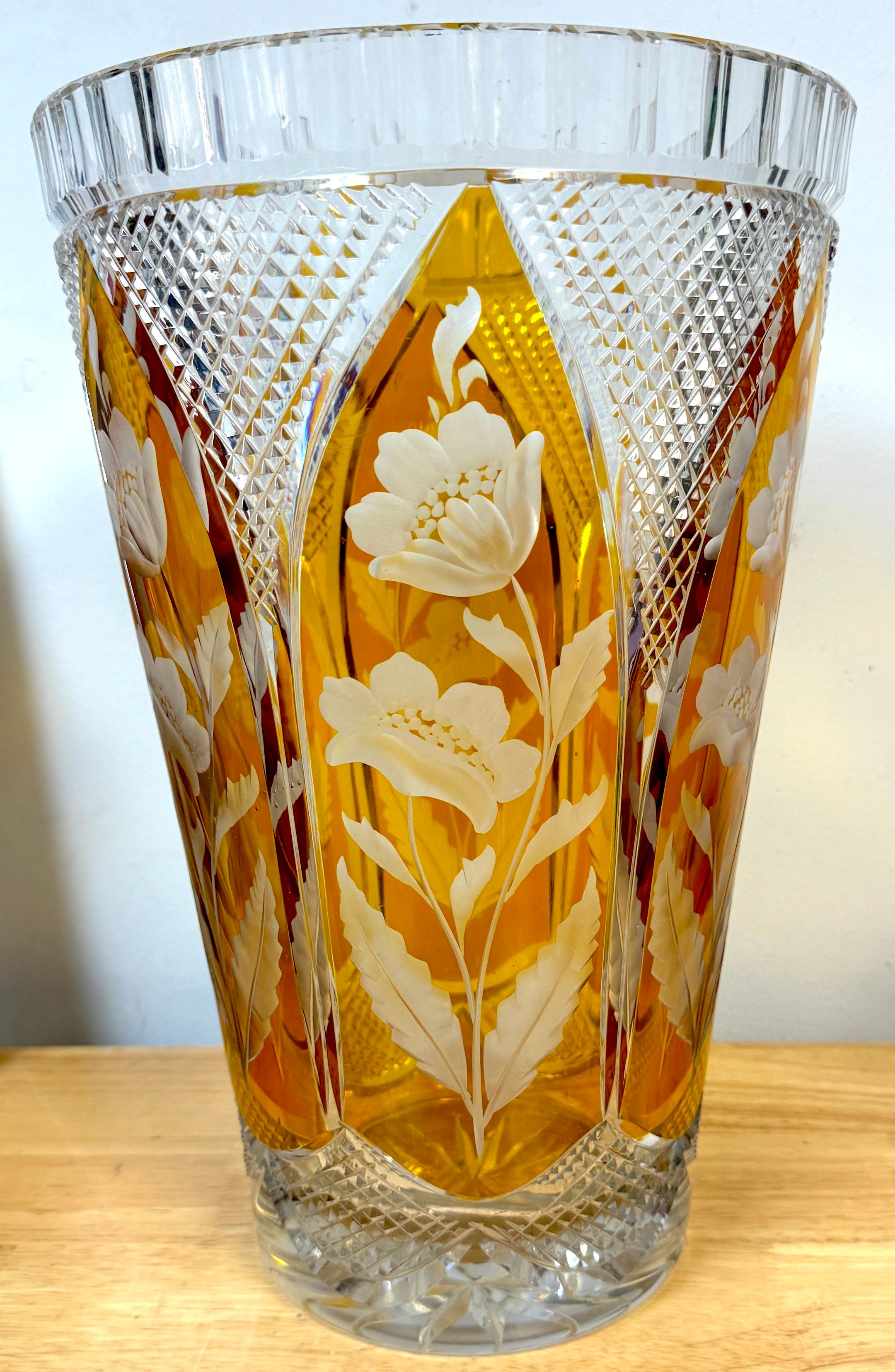 Neoclassical Magnificent Bohemian Engraved Citrine Cut to Clear Floral Vase, Style of Moser For Sale