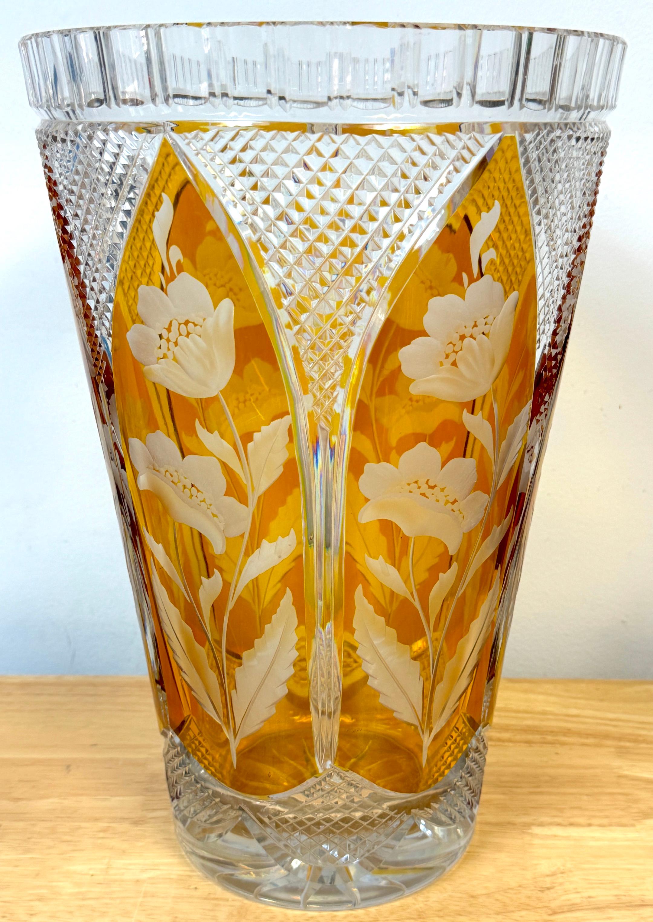 Czech Magnificent Bohemian Engraved Citrine Cut to Clear Floral Vase, Style of Moser For Sale
