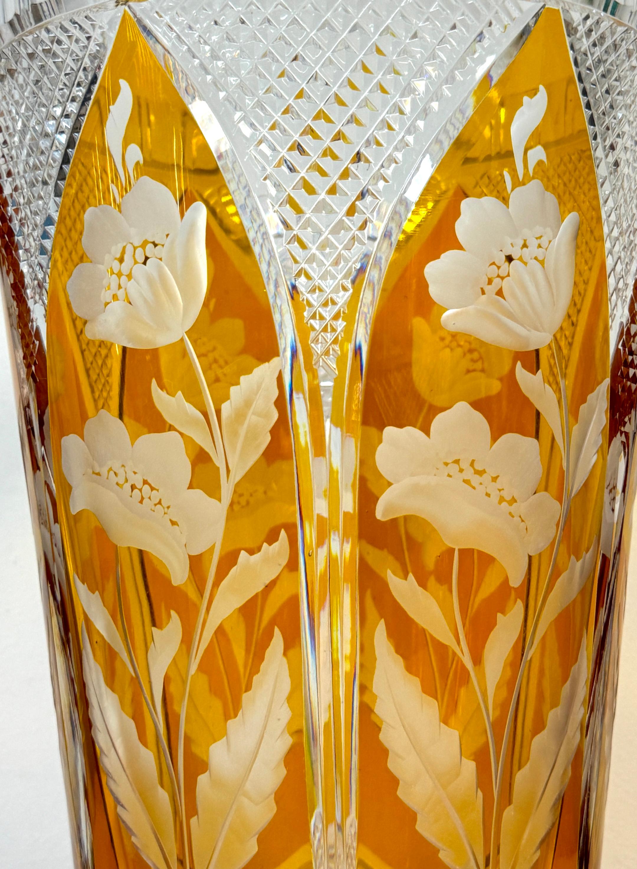 Polished Magnificent Bohemian Engraved Citrine Cut to Clear Floral Vase, Style of Moser For Sale