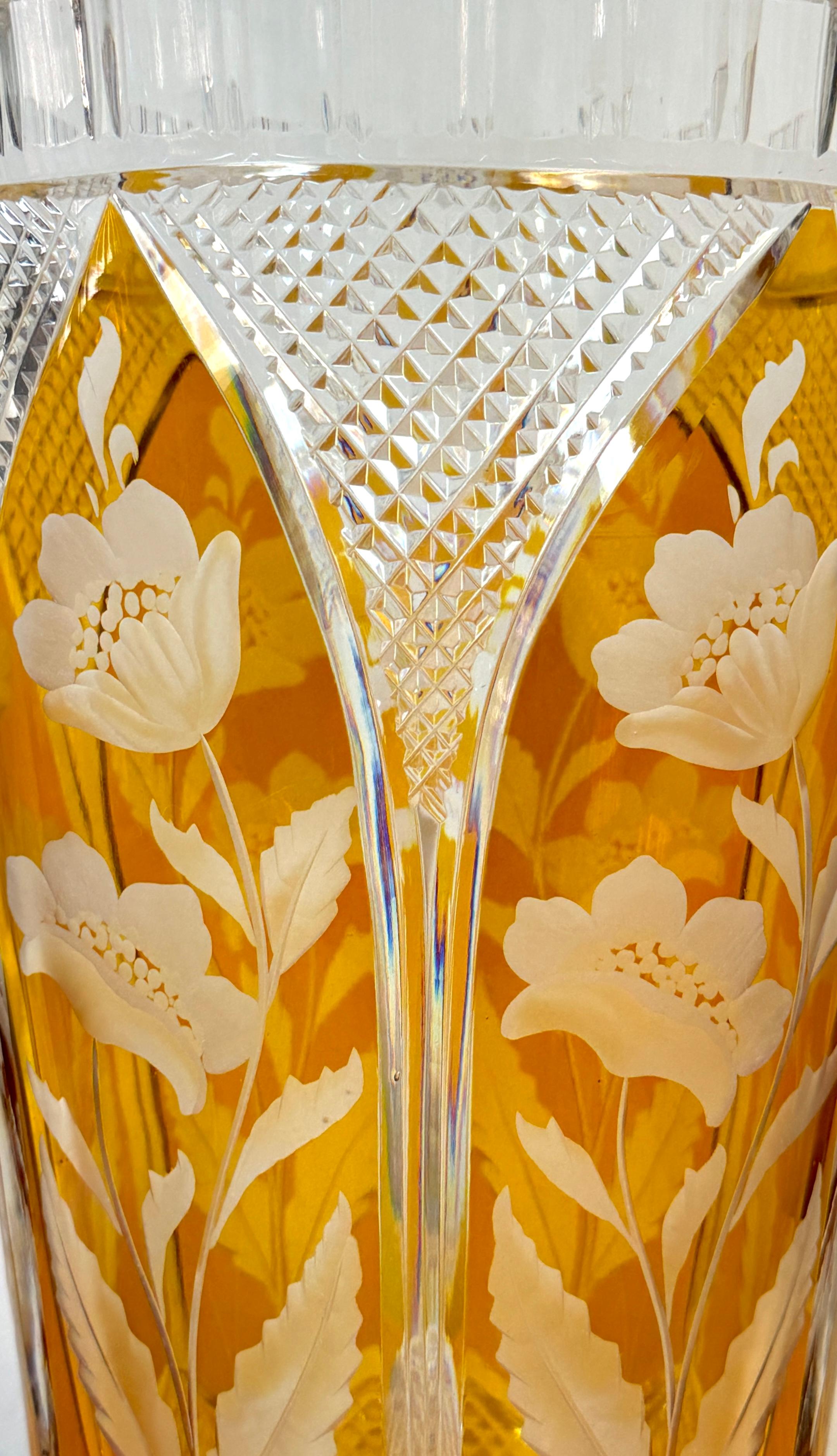 Magnificent Bohemian Engraved Citrine Cut to Clear Floral Vase, Style of Moser In Good Condition For Sale In West Palm Beach, FL
