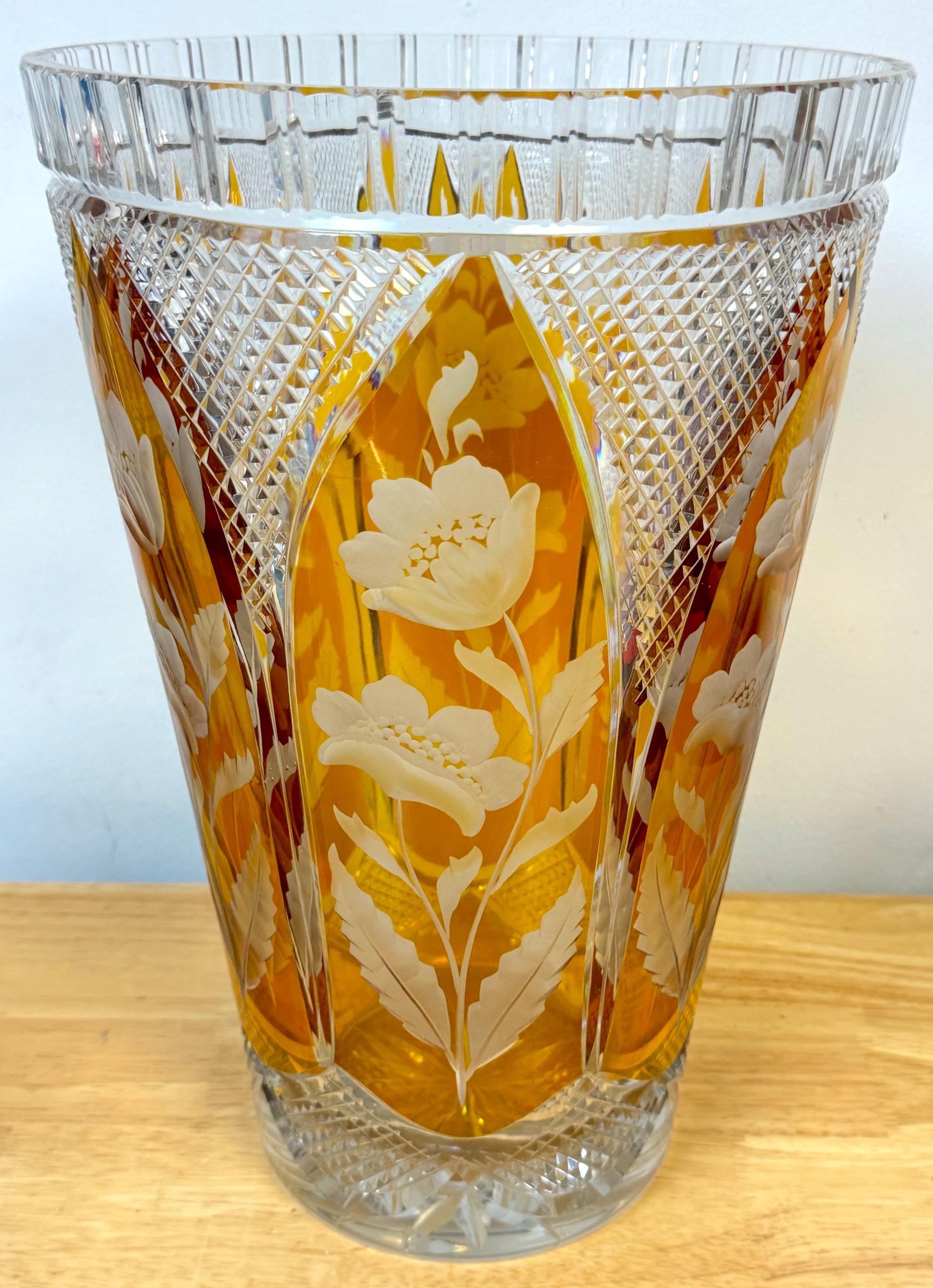 20th Century Magnificent Bohemian Engraved Citrine Cut to Clear Floral Vase, Style of Moser For Sale