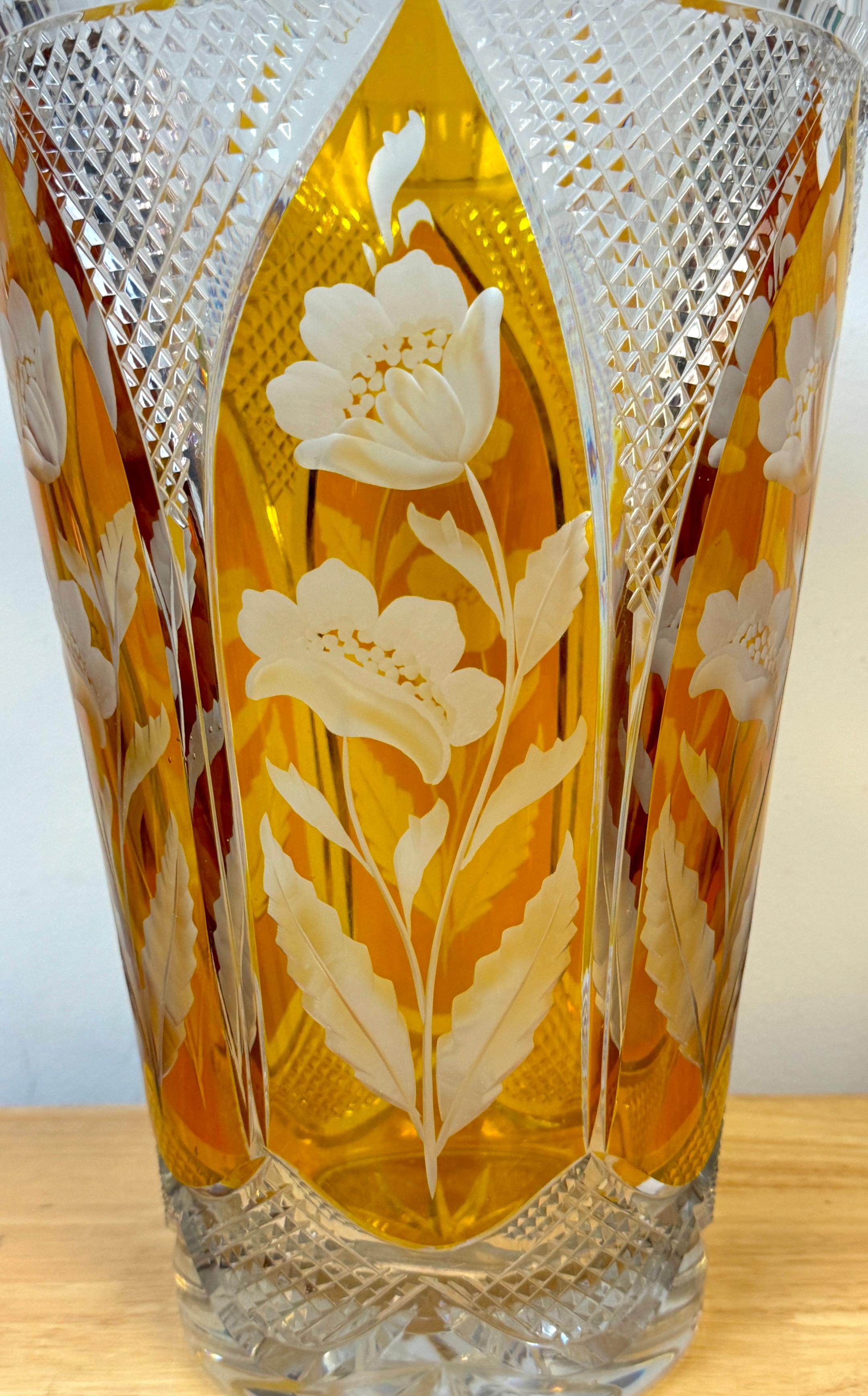 Crystal Magnificent Bohemian Engraved Citrine Cut to Clear Floral Vase, Style of Moser For Sale