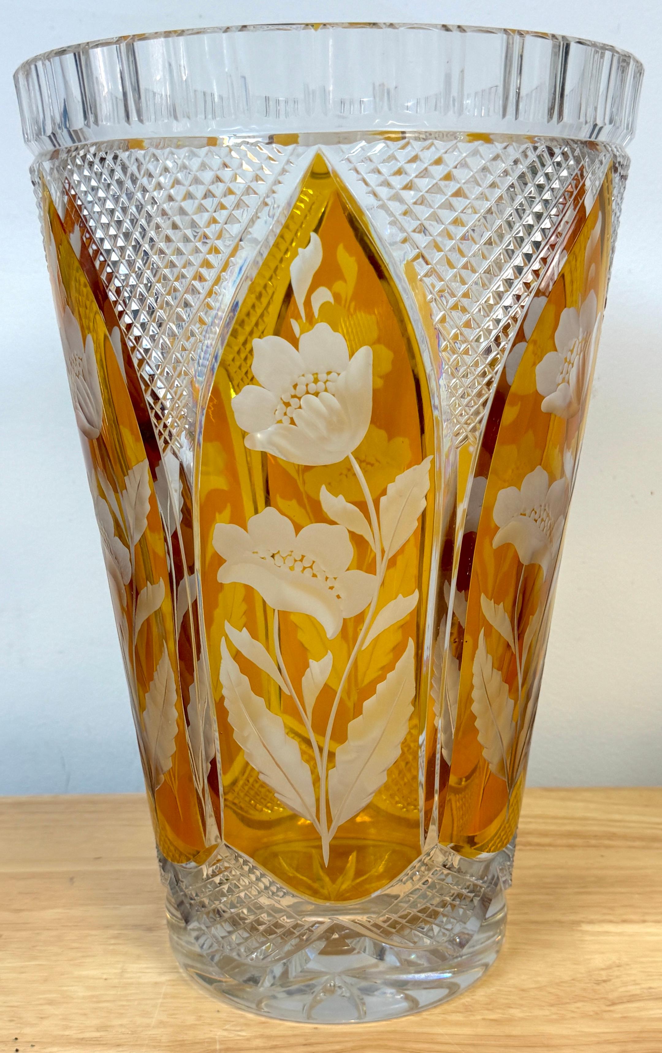 Magnificent Bohemian Engraved Citrine Cut to Clear Floral Vase, Style of Moser For Sale 1