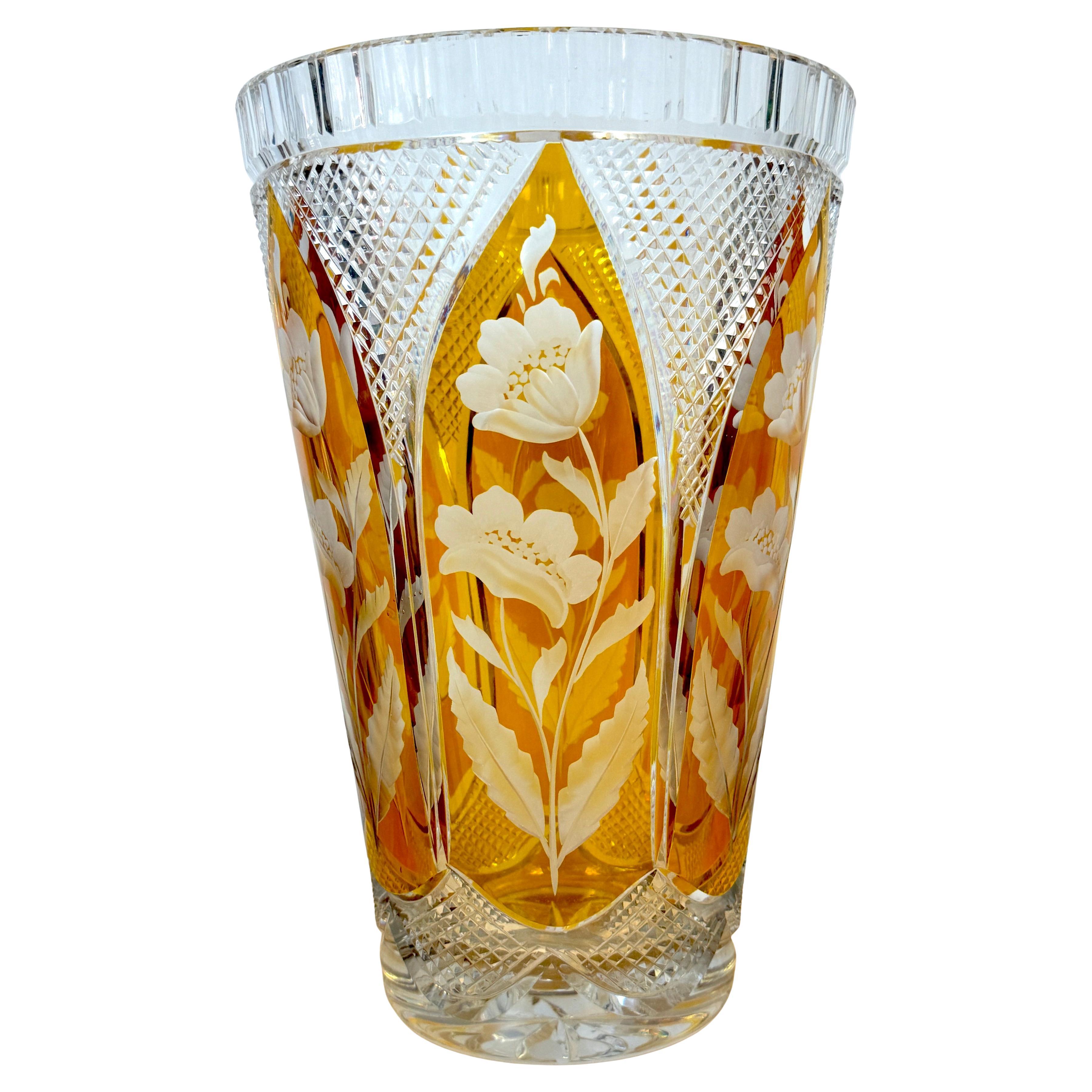 Magnificent Bohemian Engraved Citrine Cut to Clear Floral Vase, Style of Moser For Sale