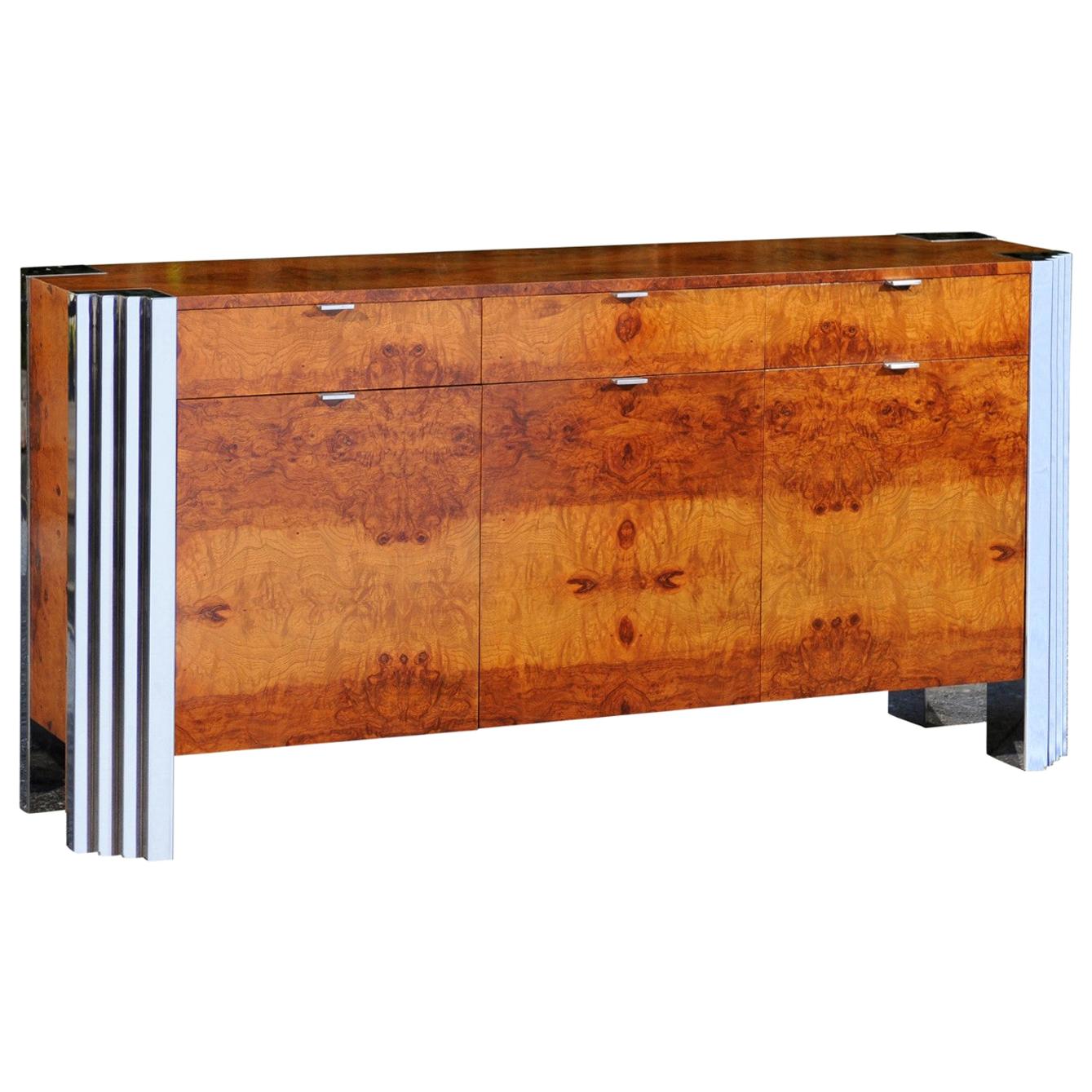 Magnificent Bookmatched Elm Cabinet in the style of Milo Baughman For Sale