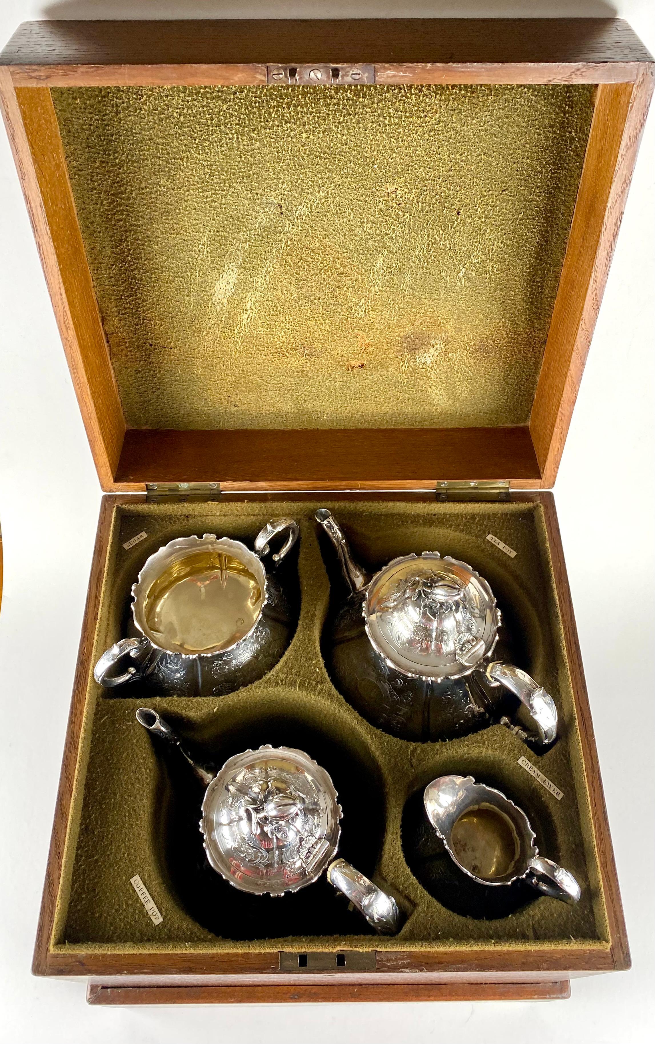 Magnificent Boxes Victorian Solid Silver Tea Set London 1864 Bright Cut 13