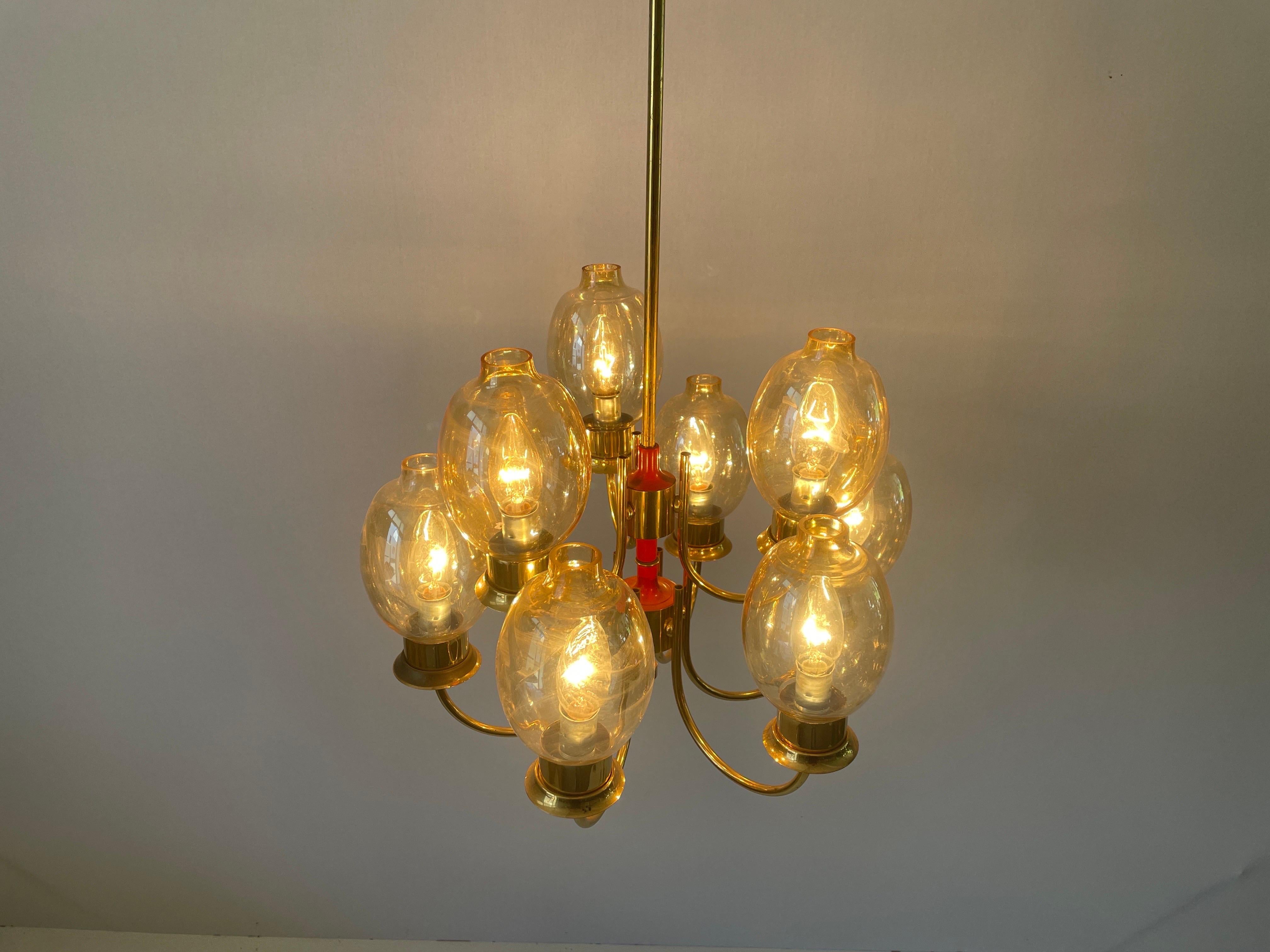 Magnifico lampadario a 9 bracci in vetro con corpo in ottone, anni '60, Germania in vendita 6