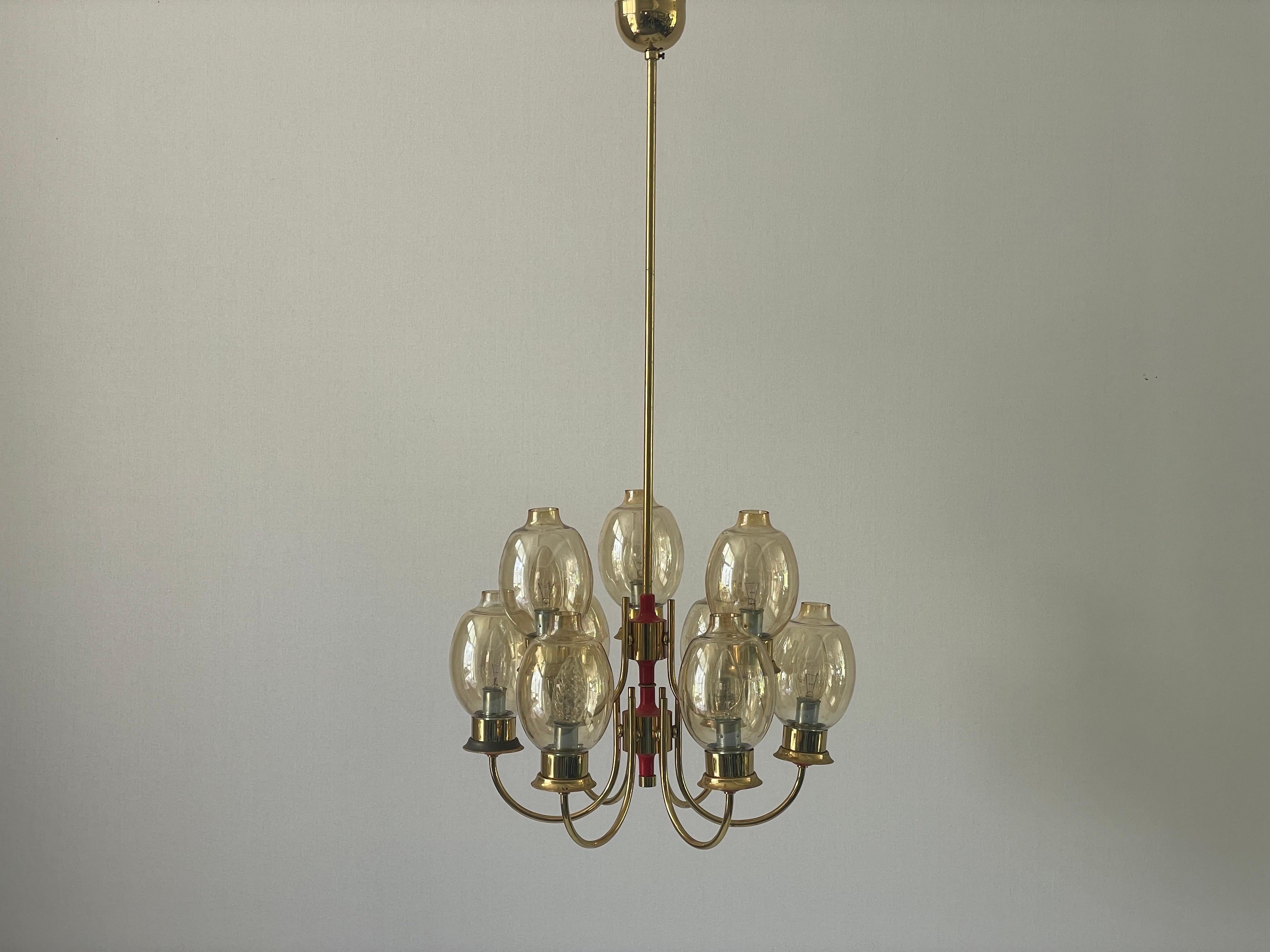 Magnifico lampadario a 9 bracci in vetro con corpo in ottone, anni '60, Germania in vendita 1