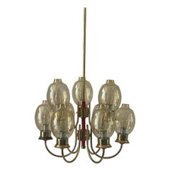 Magnificent Brass Body 9 Glass Armed Chandelier, 1960s, Germany