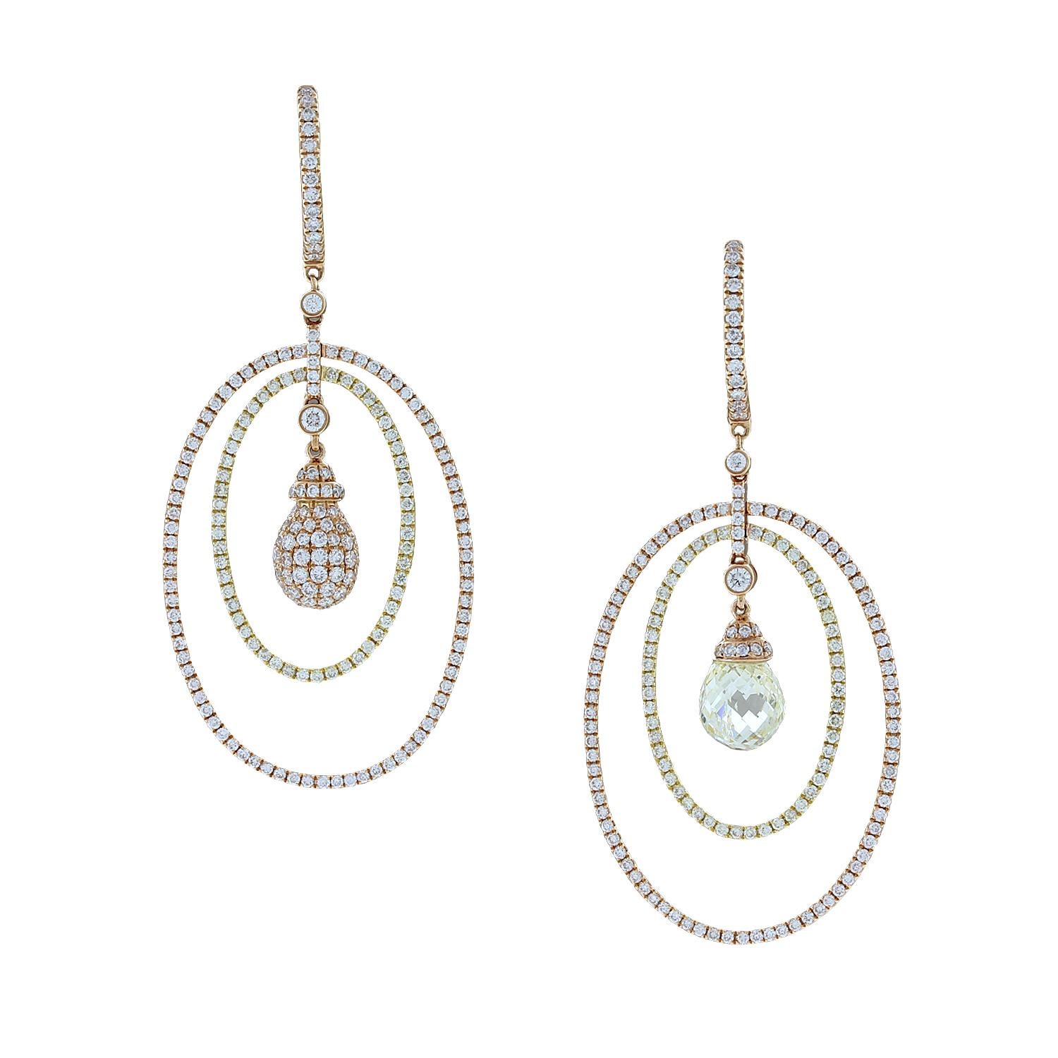 Magnificent Briolette and Pave Diamond Circle Gold Drop Earrings For Sale