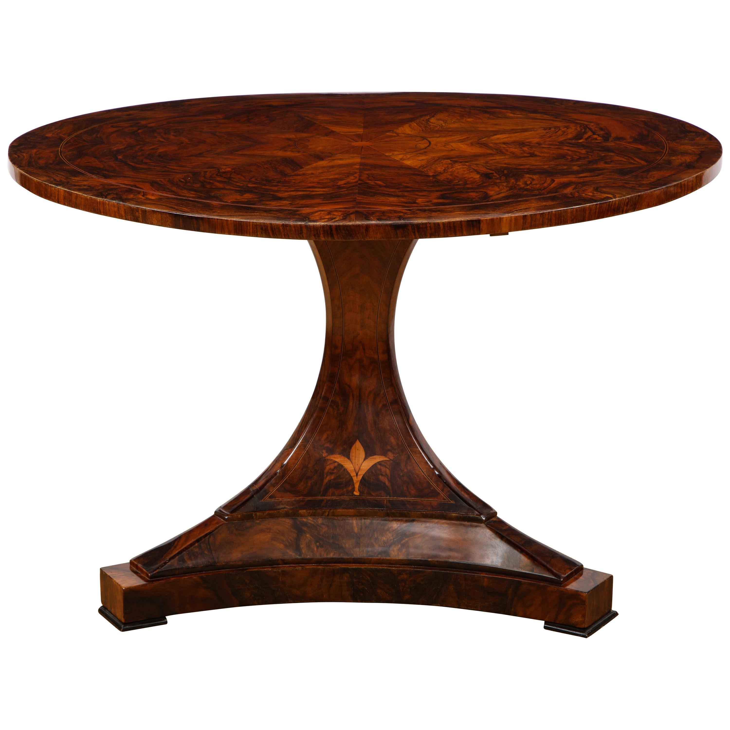 Burl Walnut Tilt-Top Center Table with veneered tripart pedestal base
