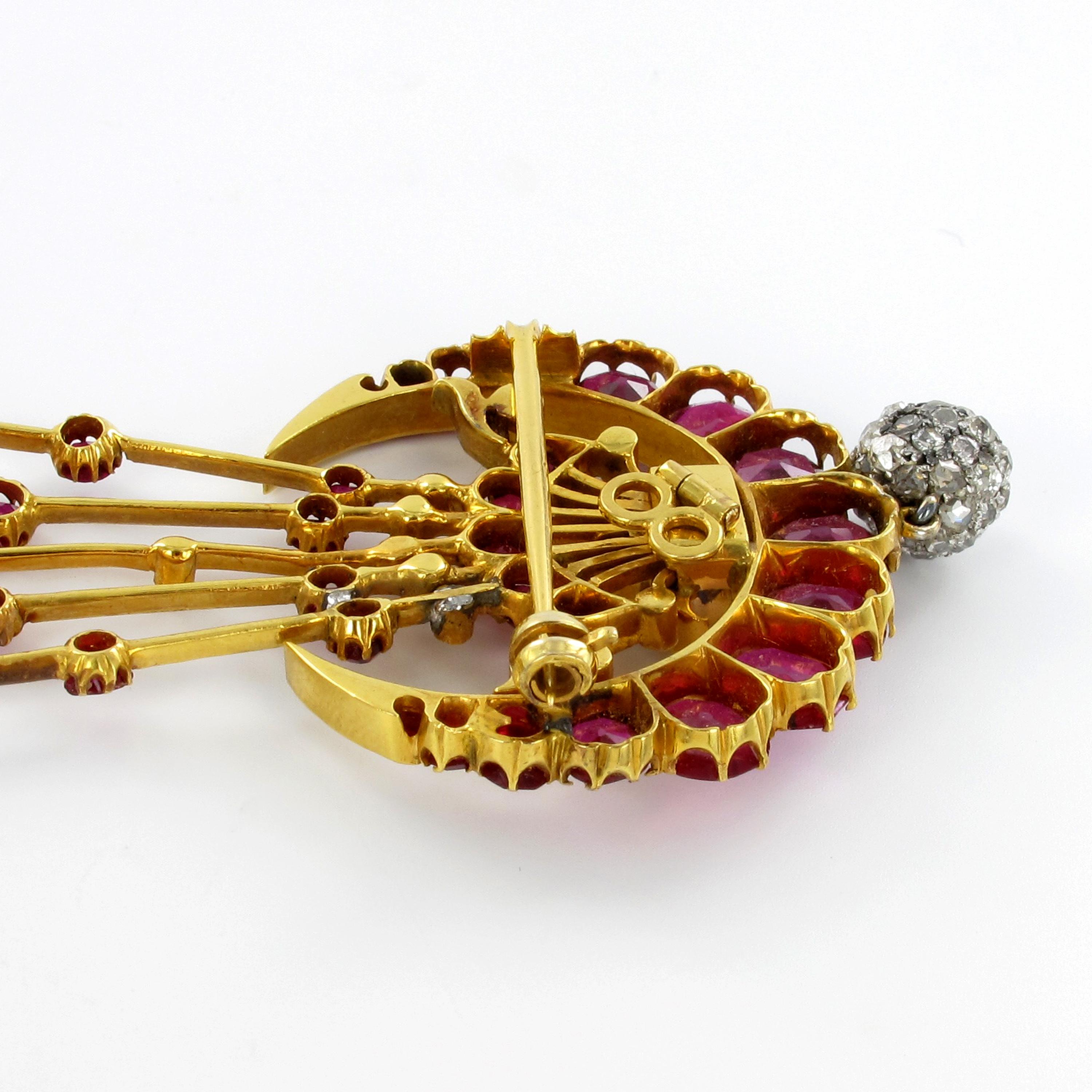 Magnificent Burma Ruby and Diamond Brooch or Pin or Head Ornament in Yellow Gold 4