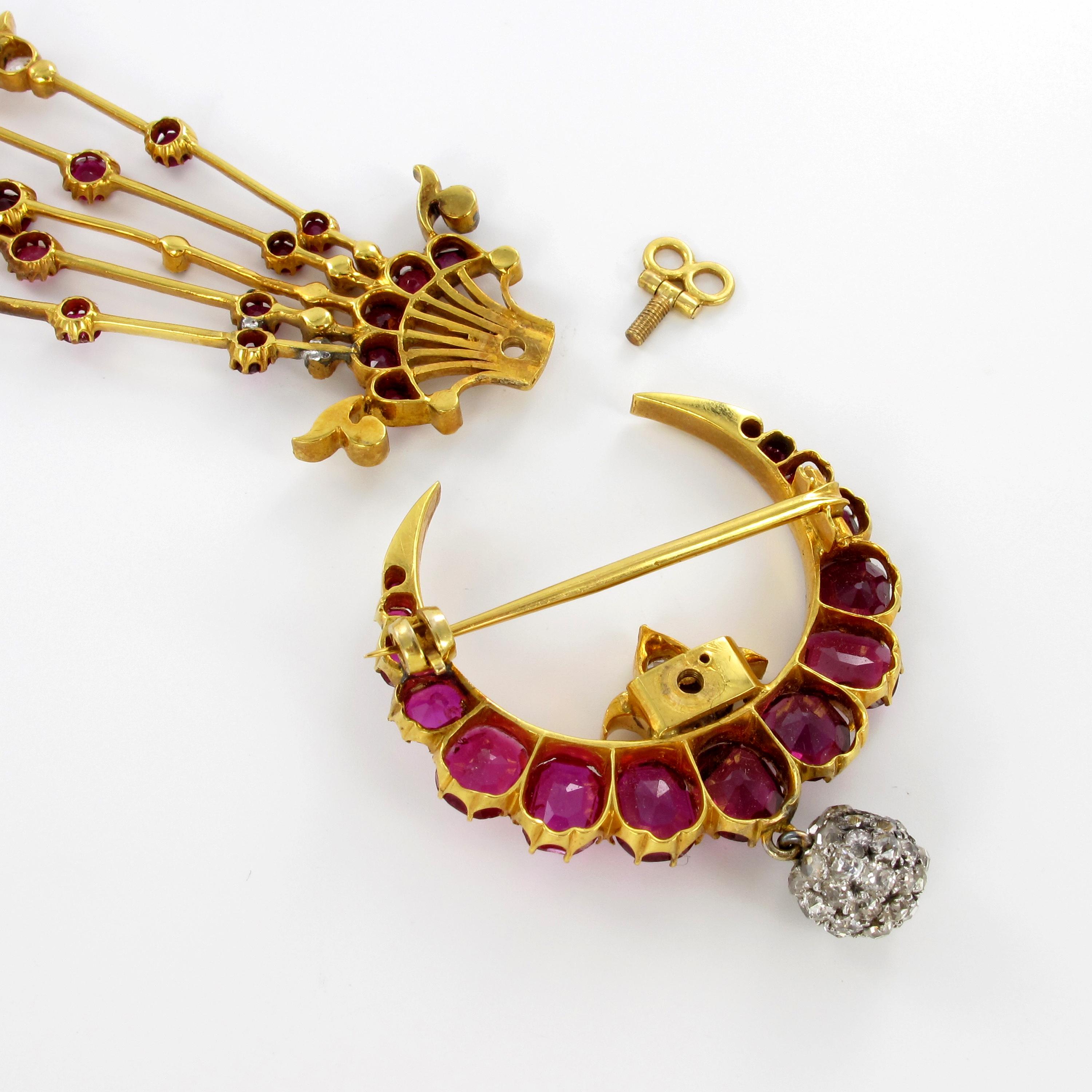 Magnificent Burma Ruby and Diamond Brooch or Pin or Head Ornament in Yellow Gold 6