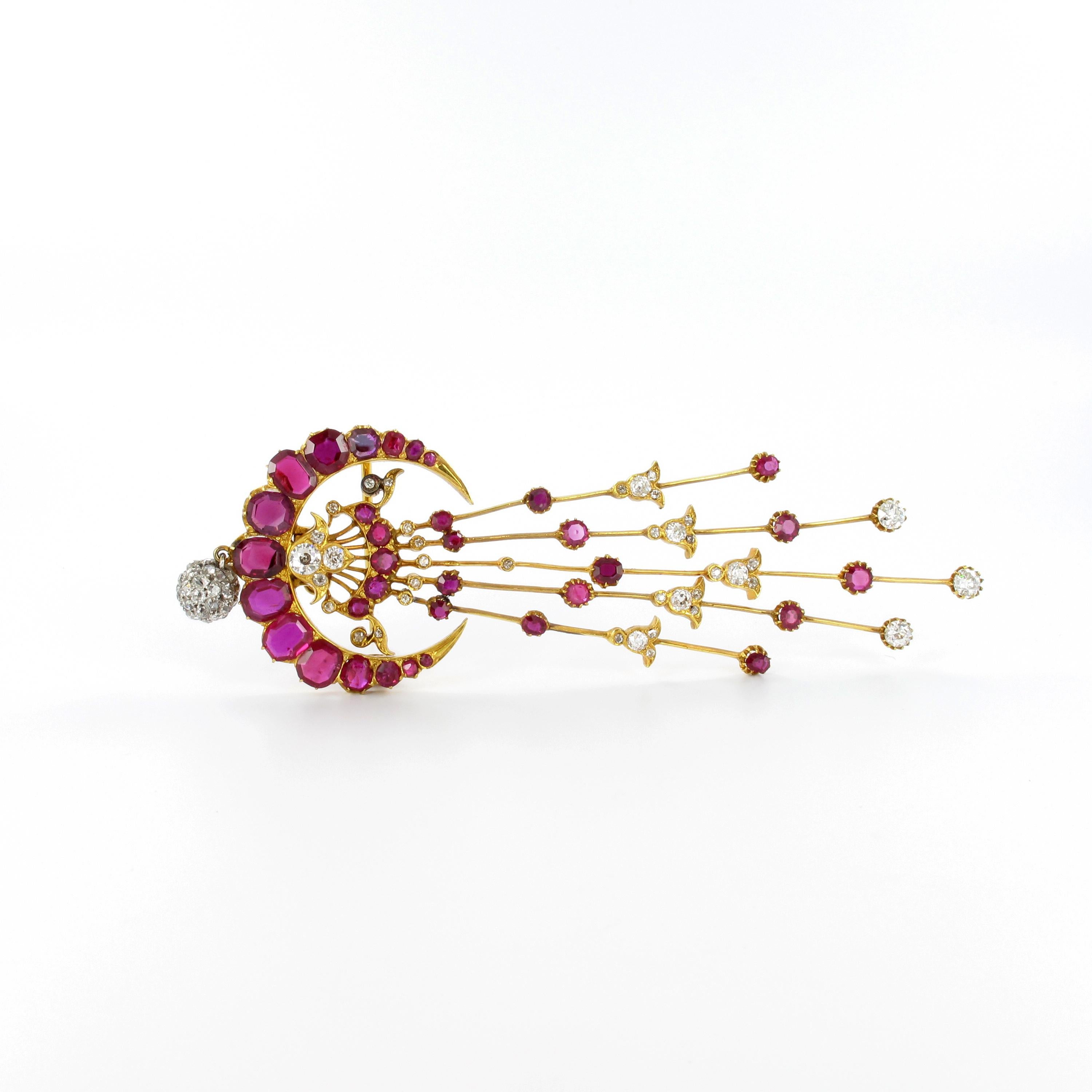 Magnificent Burma Ruby and Diamond Brooch or Pin or Head Ornament in Yellow Gold 7