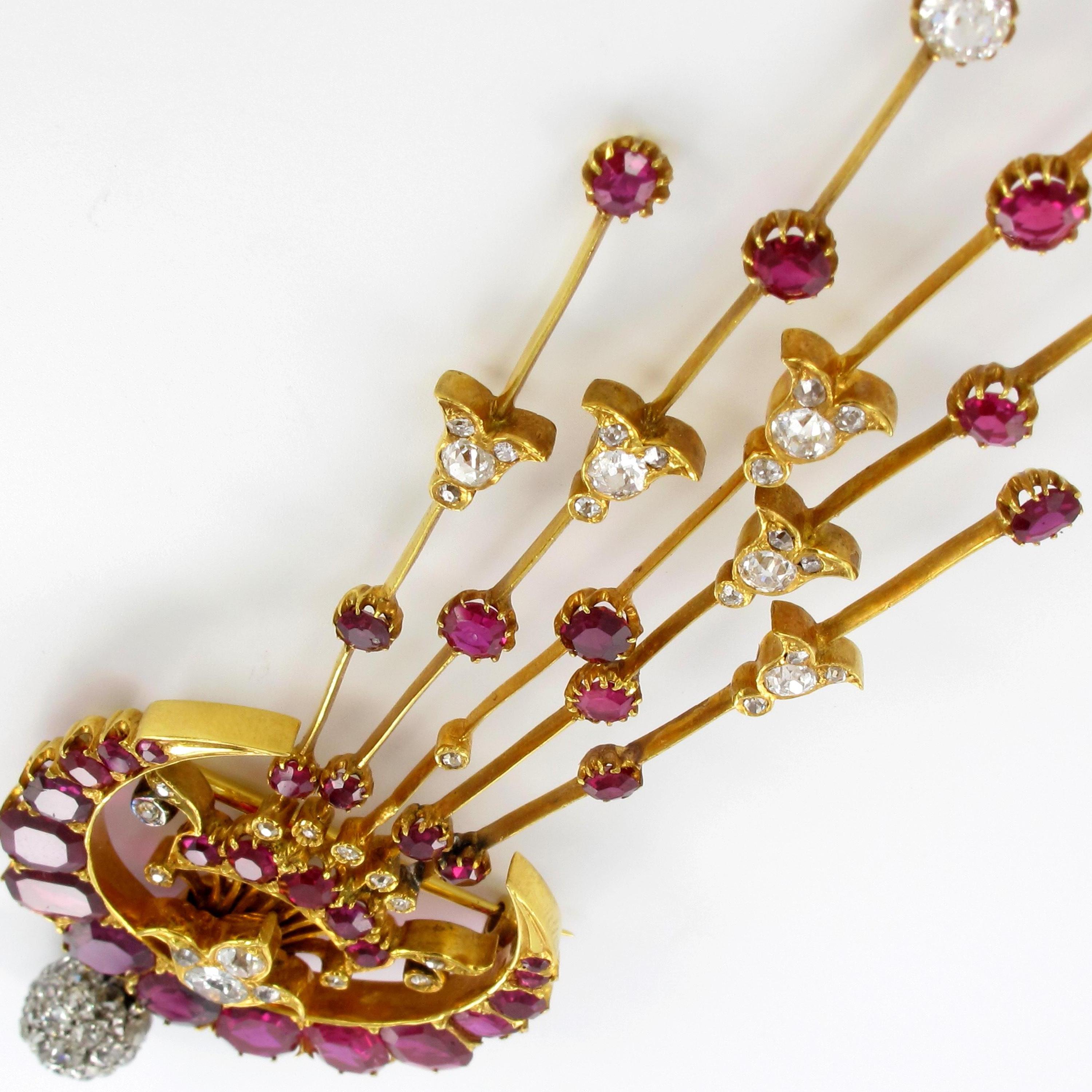 Old European Cut Magnificent Burma Ruby and Diamond Brooch or Pin or Head Ornament in Yellow Gold