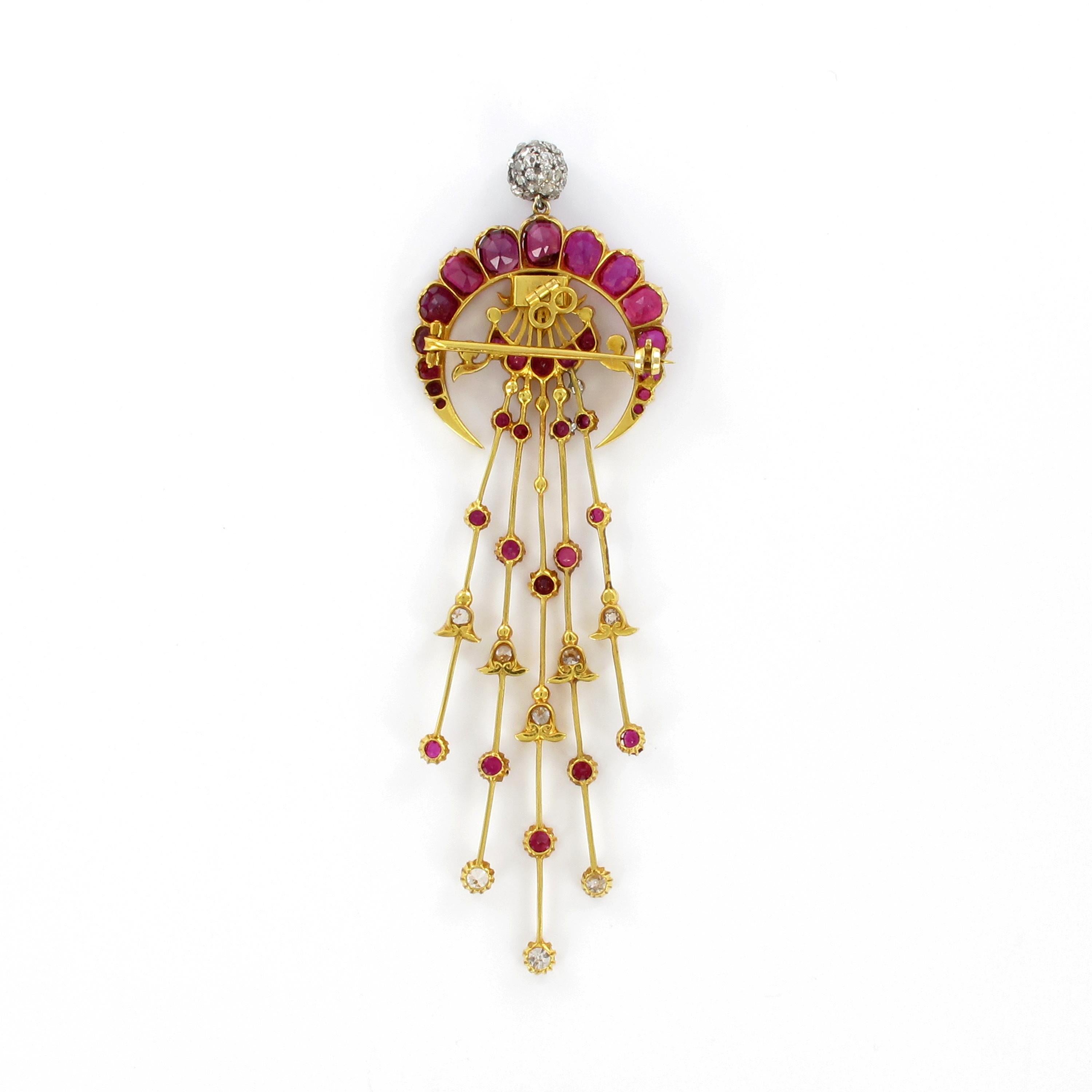 Magnificent Burma Ruby and Diamond Brooch or Pin or Head Ornament in Yellow Gold 2