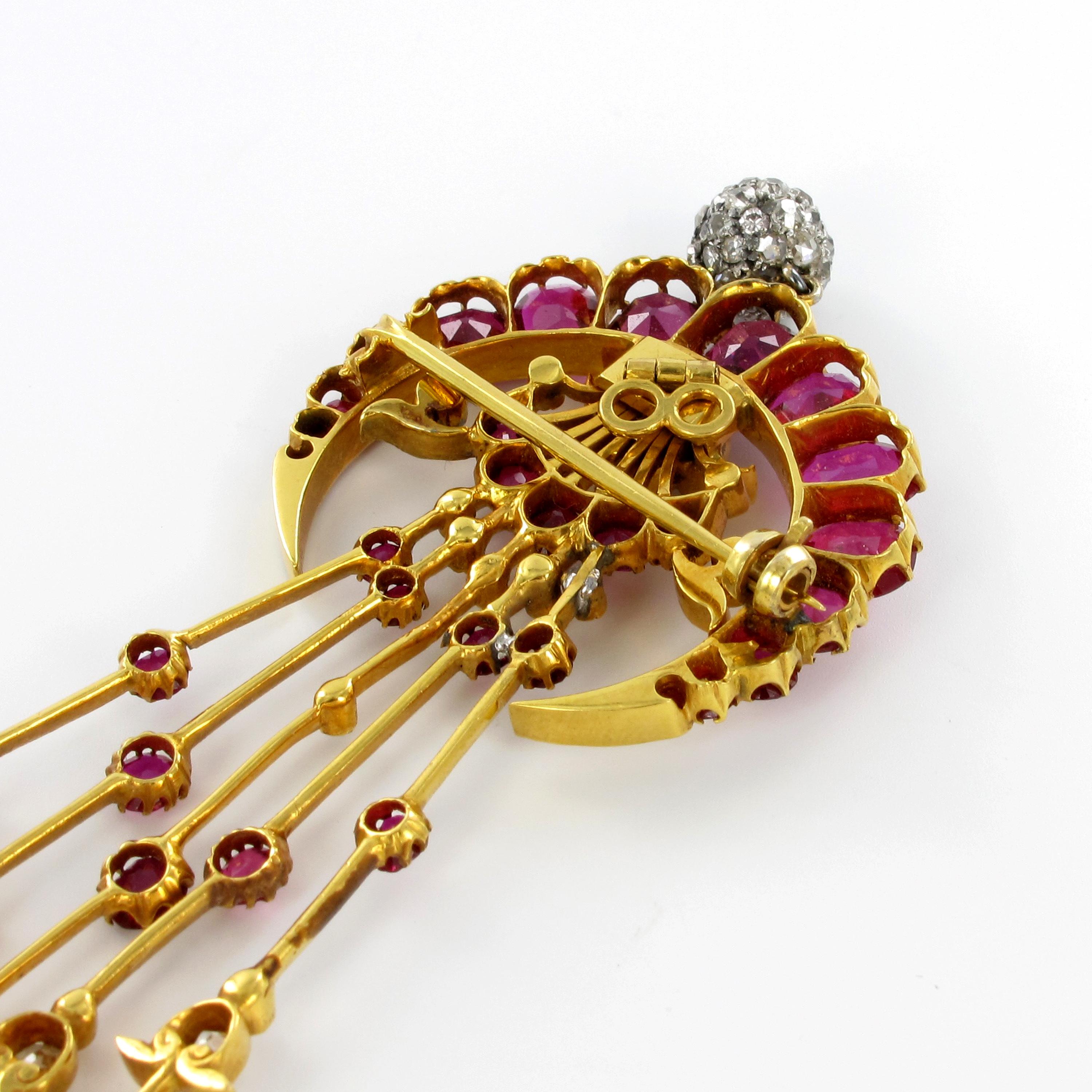 Magnificent Burma Ruby and Diamond Brooch or Pin or Head Ornament in Yellow Gold 3