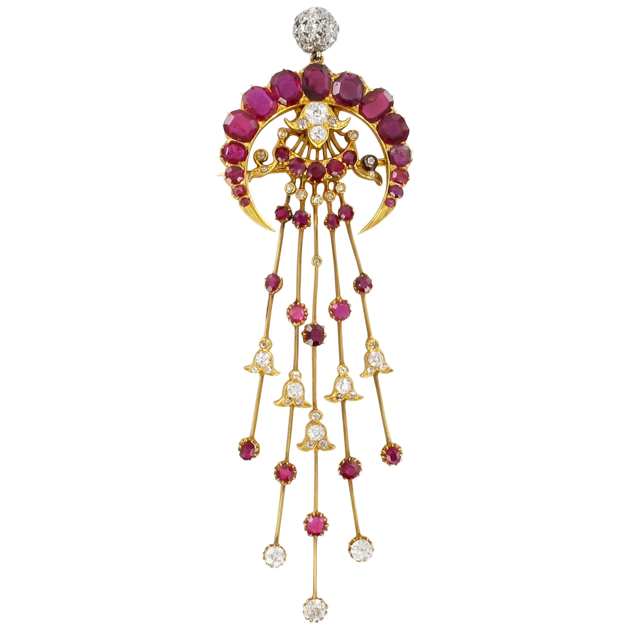 Magnificent Burma Ruby and Diamond Brooch or Pin or Head Ornament in Yellow Gold