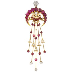 Magnificent Burma Ruby and Diamond Brooch or Pin or Head Ornament in Yellow Gold