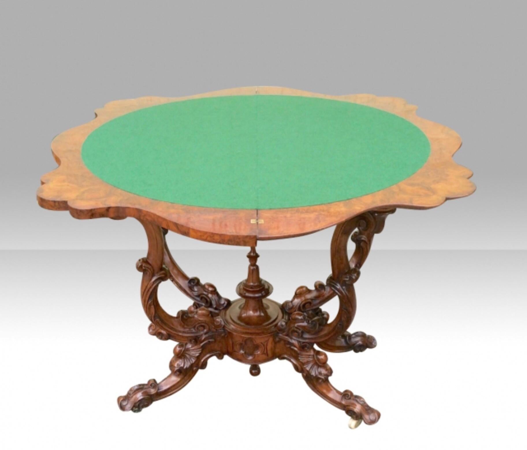 Victorian Burr Walnut Serpentine Shaped Antique Games, Card Table For Sale