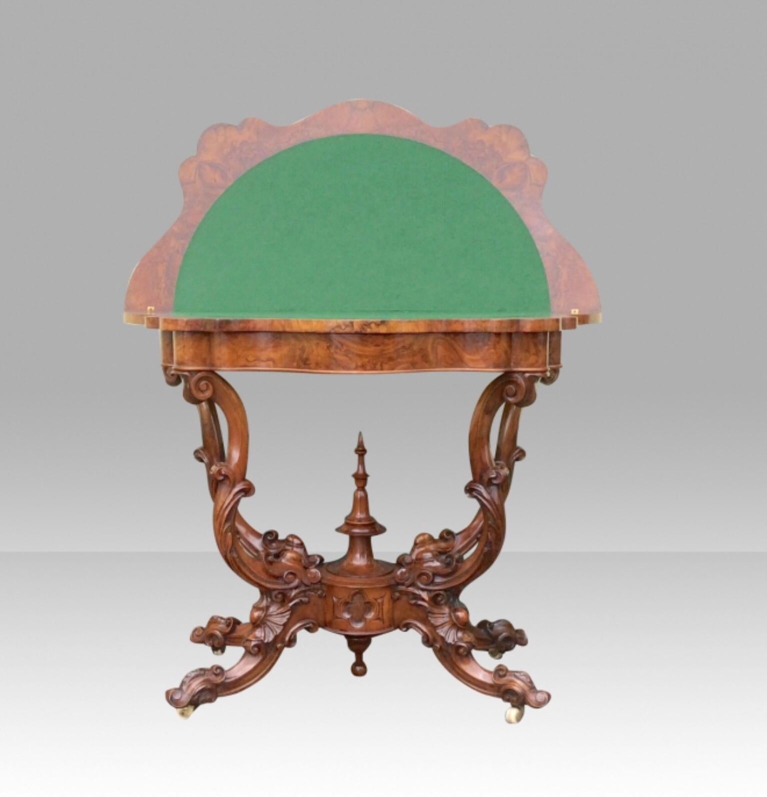 Mid-19th Century Burr Walnut Serpentine Shaped Antique Games, Card Table For Sale