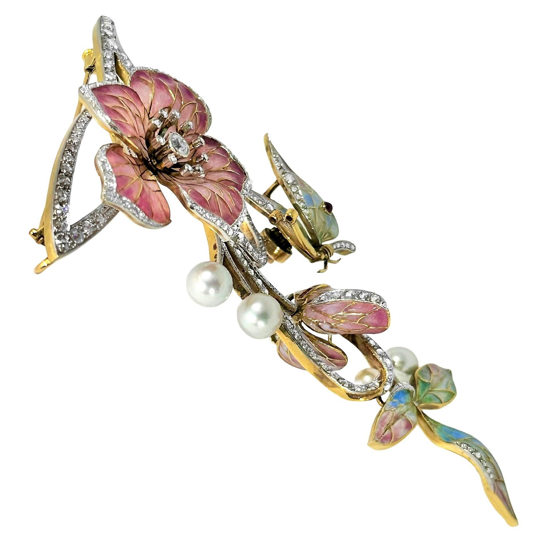 Rose Cut Magnificent Butterfly on a Branch Vintage Art Nouveau Style Brooch