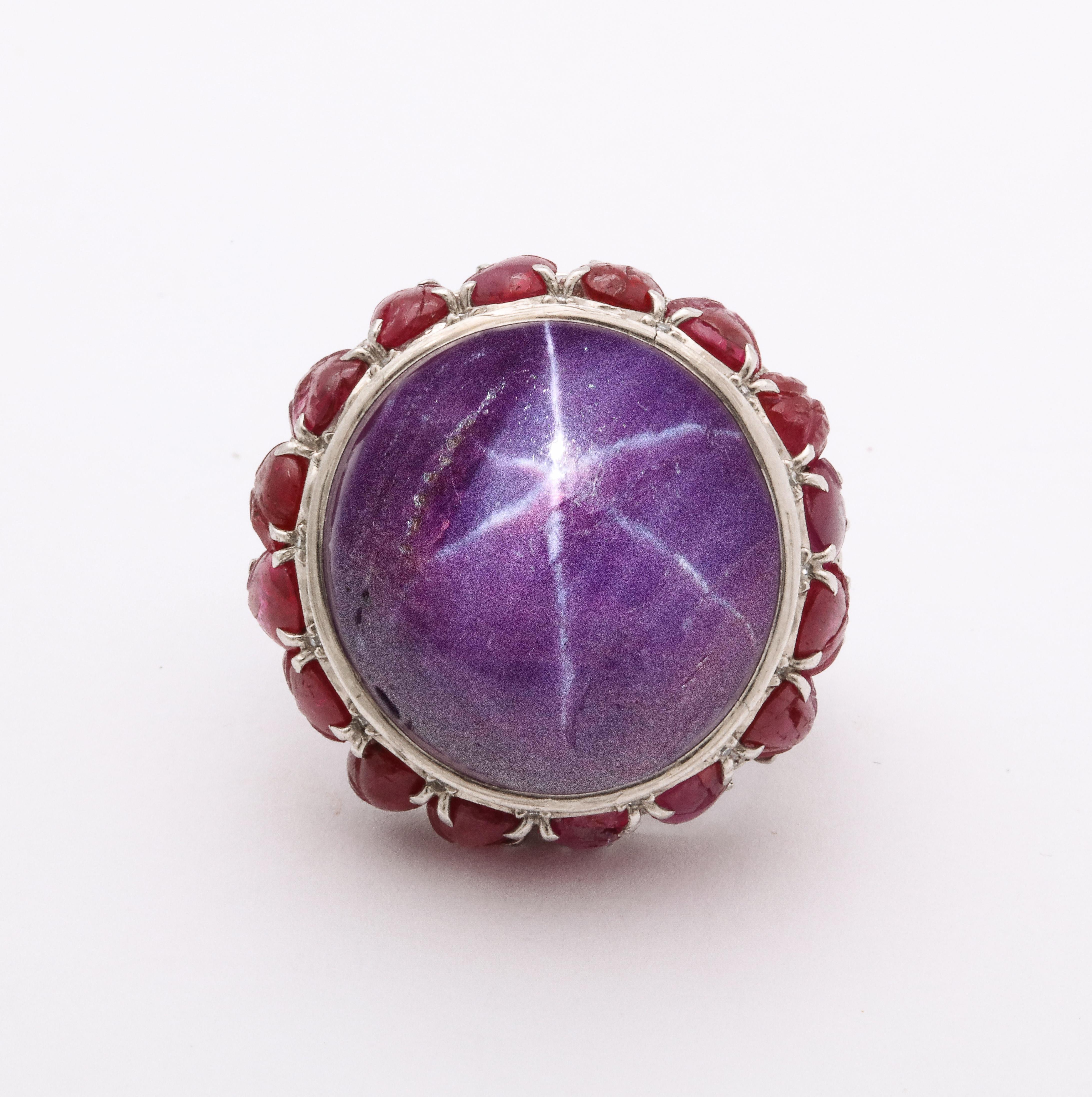 Cabochon Star Ruby Ring with diamonds and carved cabochon 