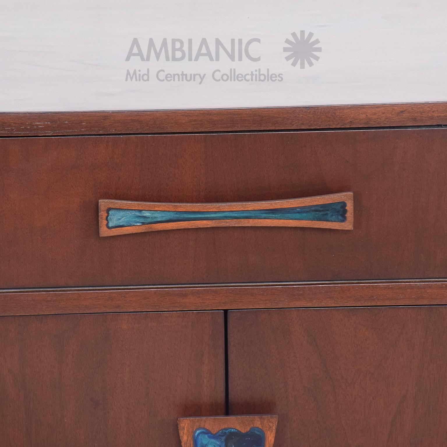 American Magnificent CAL MODE Credenza Stunning Sculptural Inlay Pulls California, 1970s