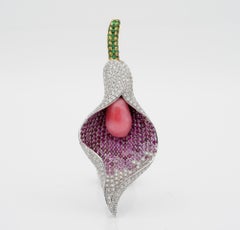 Magnificent Calla Brooch Conch Pearl Diamond Ruby Sapphire Tsavorite Brooch Pend