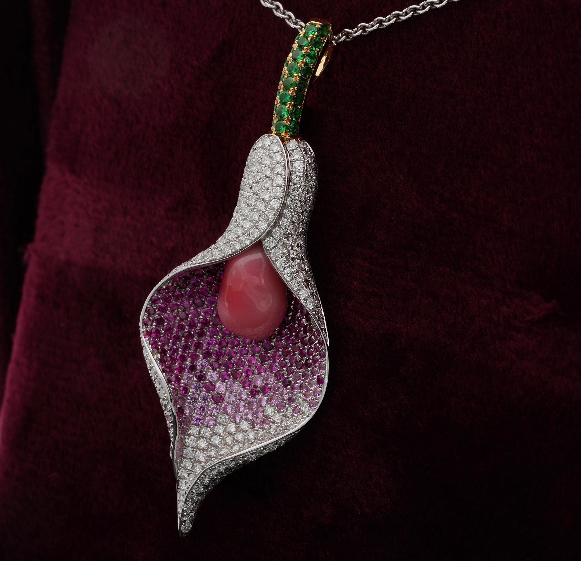 Women's or Men's Magnificent Calla Brooch Conch Pearl Diamond Ruby Sapphire Tsavorite Brooch Pend For Sale
