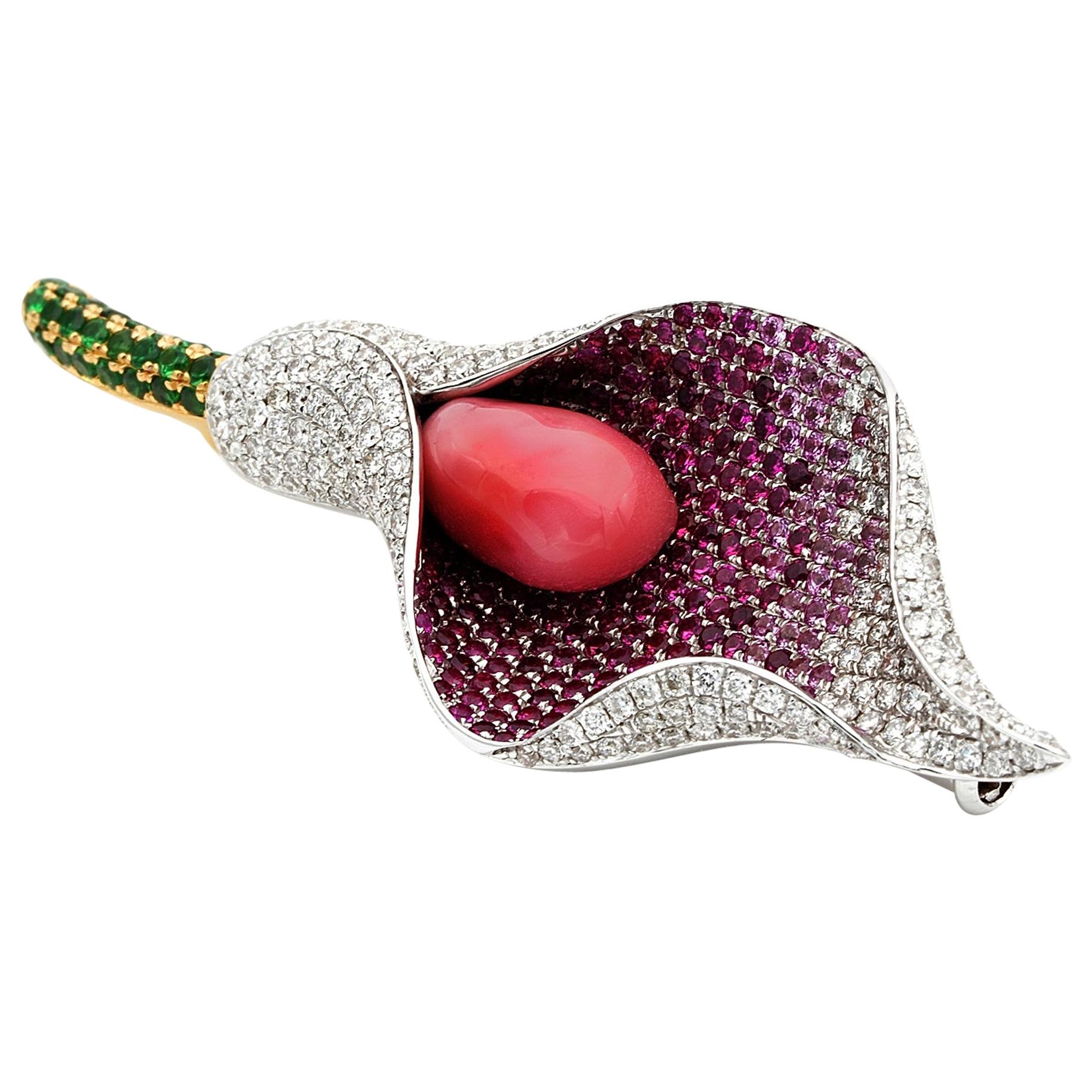 Magnificent Calla Brooch Conch Pearl Diamond Ruby Sapphire Tsavorite Brooch Pend For Sale