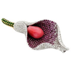 Magnificent Calla Brooch Conch Pearl Diamond Ruby Sapphire Tsavorite Brooch Pend