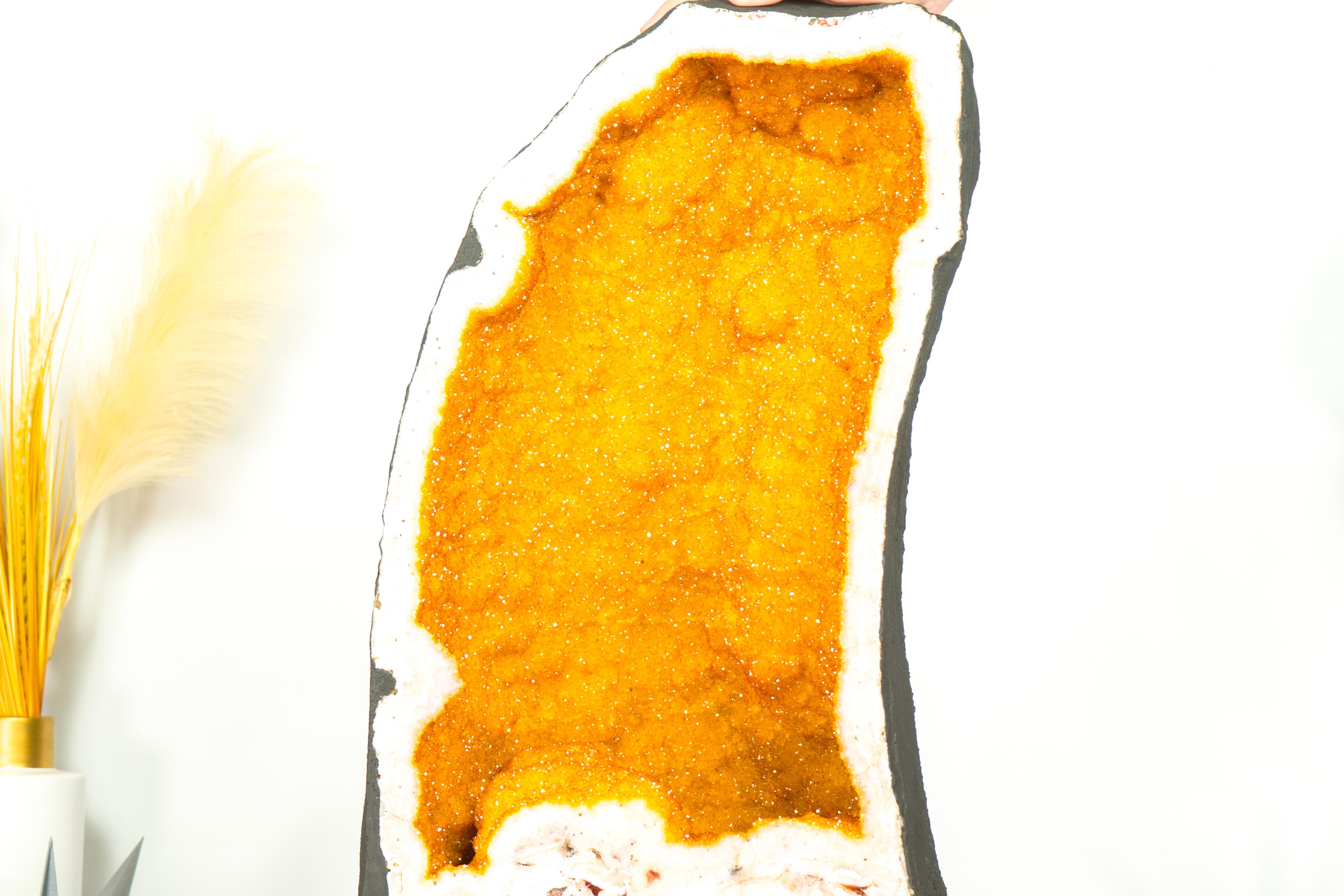 A truly unique and stunning geode, this golden yellow Citrine geode brings together rare characteristics with beautiful aesthetics. It is a geode that will certainly become a statement piece in your collection or a natural artwork to add to your