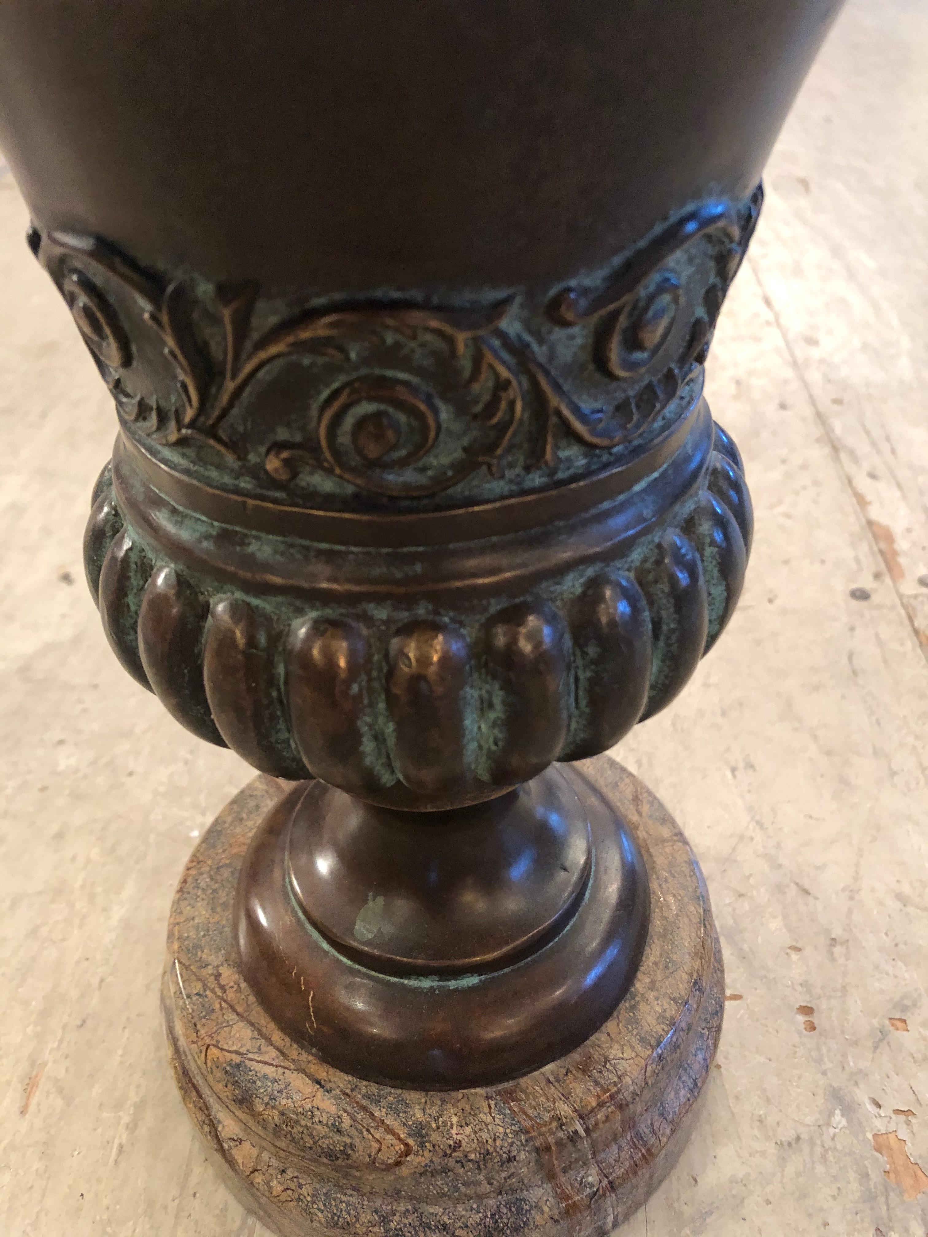 Magnificent Classical Bronze Urn on Marble Stand In Good Condition For Sale In Hopewell, NJ