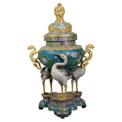 Magnificent Cloisonné Enamel & Gilt Bronze Tripod 'Cranes' Incense Burner & Top