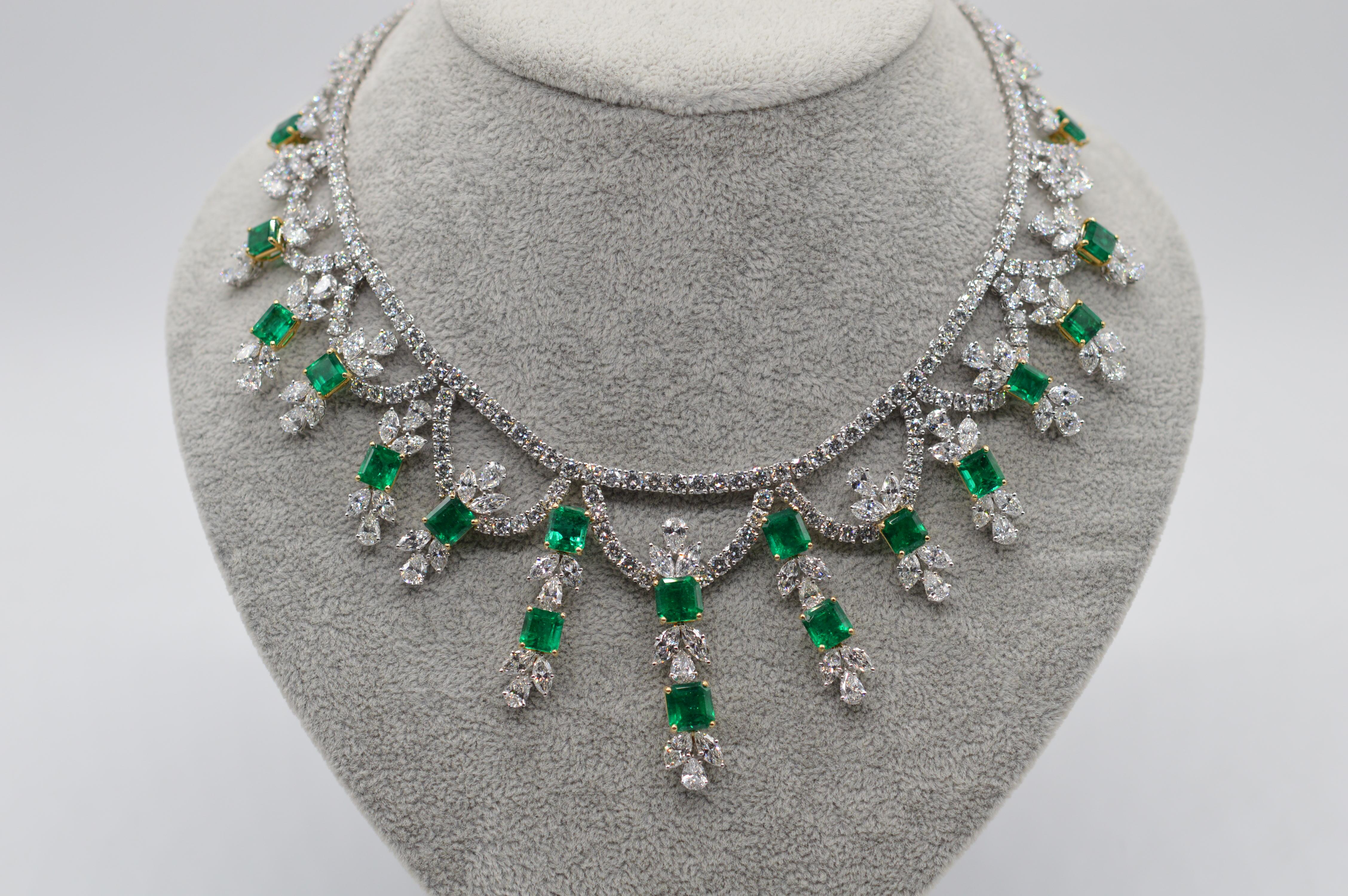 Magnificent Emerald-Cut Colombian Emeralds & Diamonds Set Unworn
Mounted in an 18K Yellow & White Gold Necklace, Earrings, Ring & Bracelet
The Emeralds are of Colombians origin
Each item is delicately accented by numerous colorless white