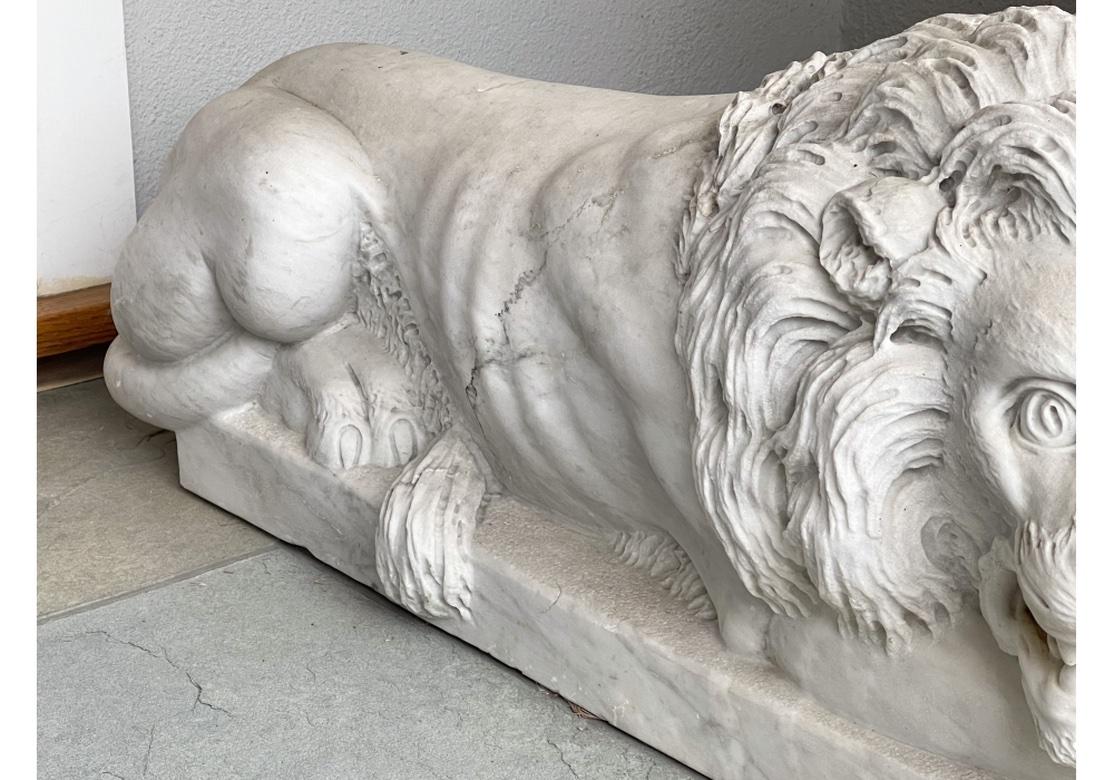 Magnificent Compatible Pair Of  Recumbent  Carved Marble Lions For Sale 8