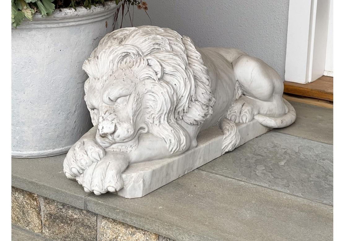 Magnificent Compatible Pair Of  Recumbent  Carved Marble Lions For Sale 2