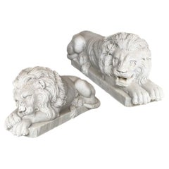 Antique Magnificent Compatible Pair Of  Recumbent  Carved Marble Lions