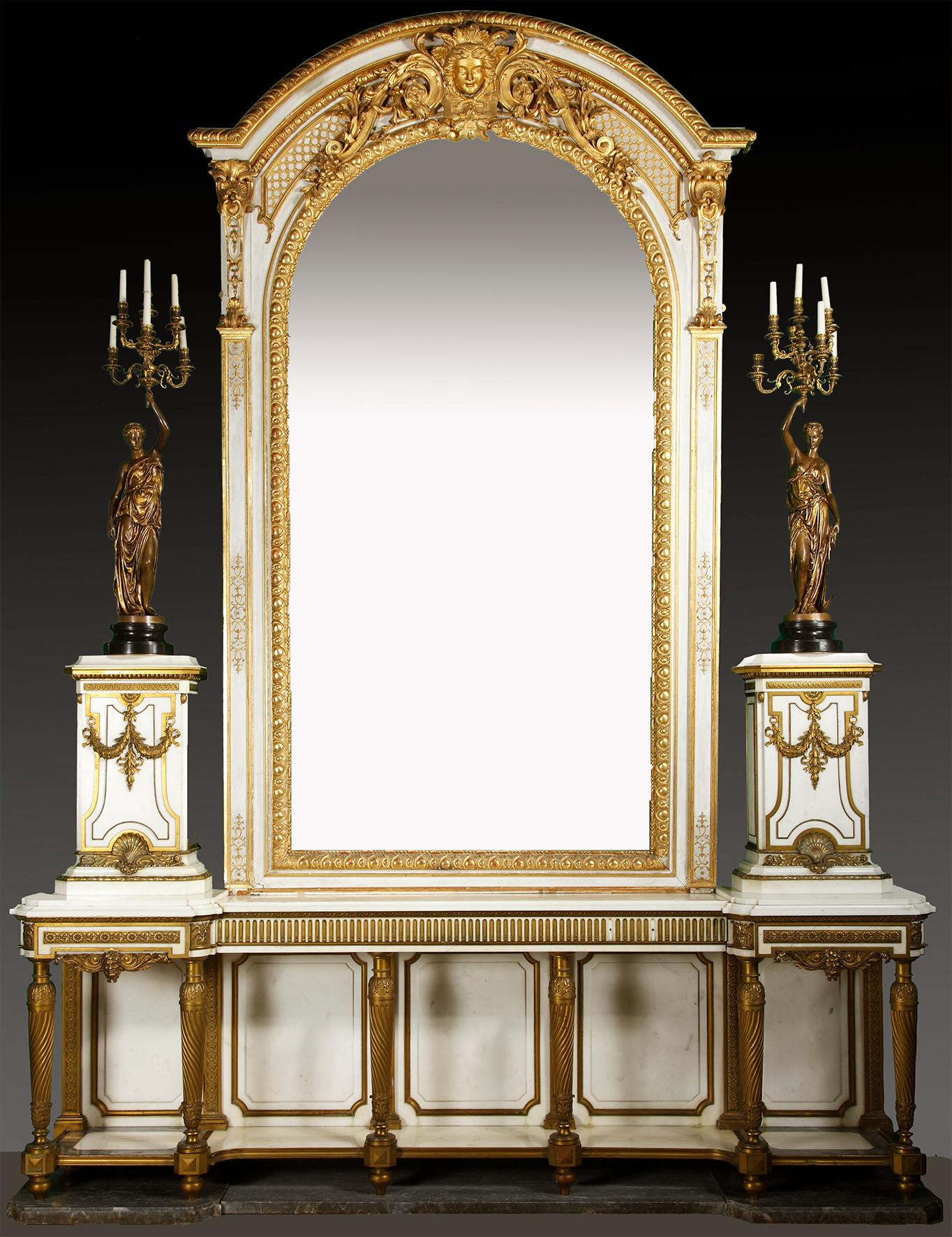 Total height with mirror: 383 cm (151 in.)
Console : Height : 97 cm (38 in.) ; Length : 291 cm (114 in.) ; Depth : 47 cm (18 in.)
Height with pedestals : 178 cm (70 in.) – Width of pedestals tops : 36 x 23 cm (14 x 9 in.)
Provenance: Hôtel de