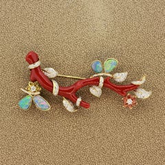 Magnificent Coral Branch Opal Diamond Sapphire Brooch