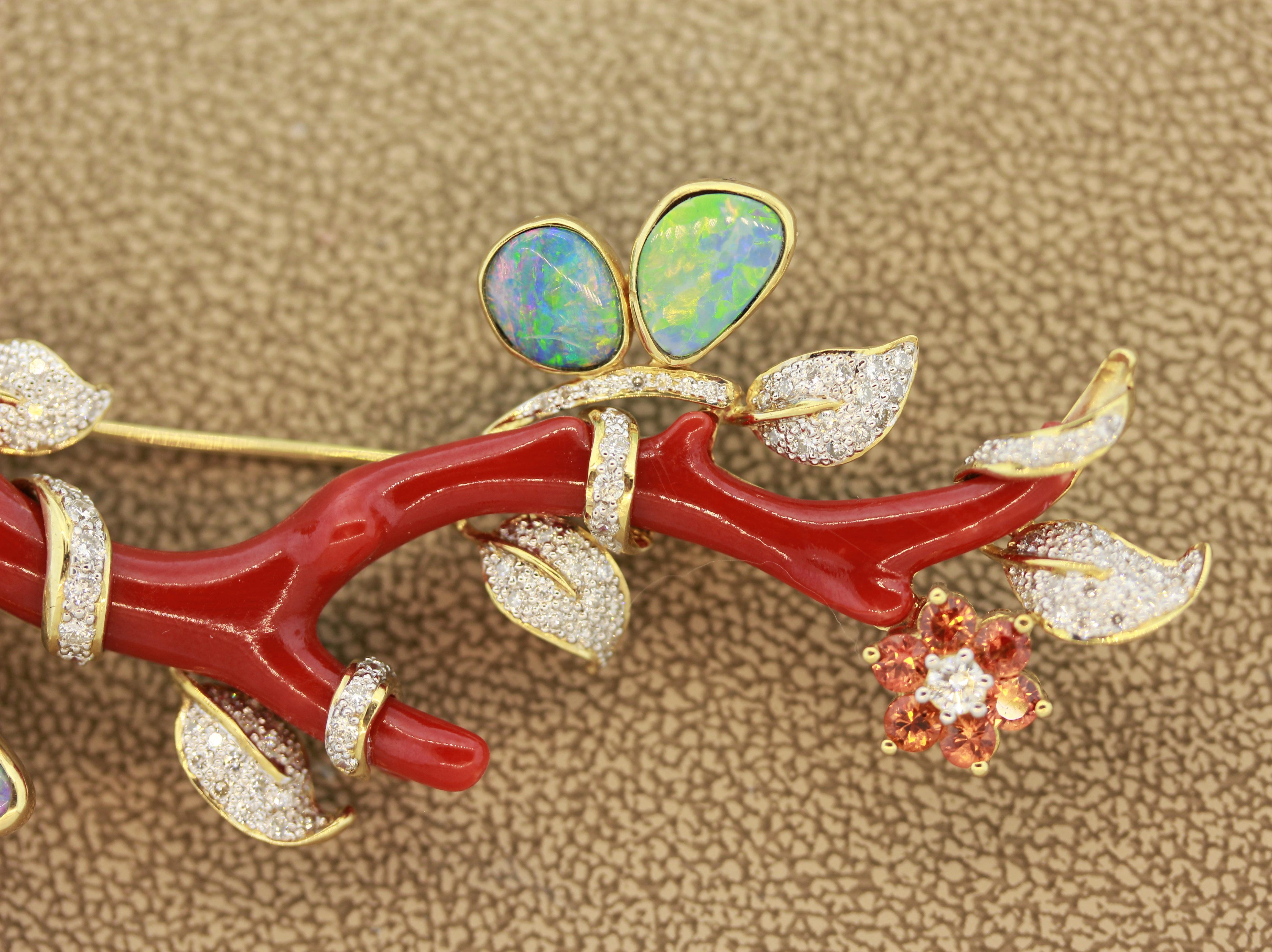 Round Cut Magnificent Coral Branch Opal Diamond Sapphire Brooch For Sale