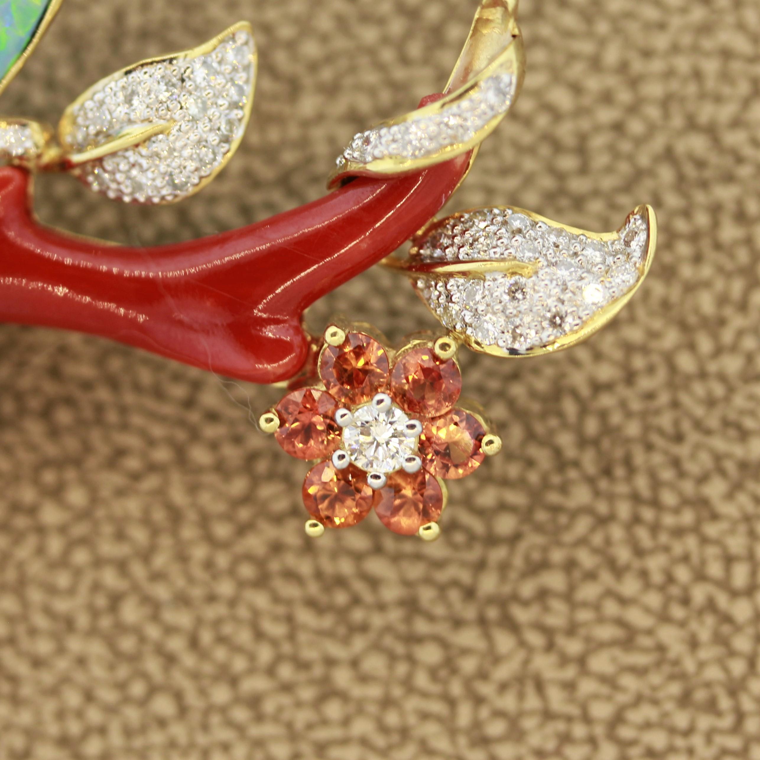 Magnifique broche en forme de branche de corail, opale, diamant et saphir Unisexe en vente