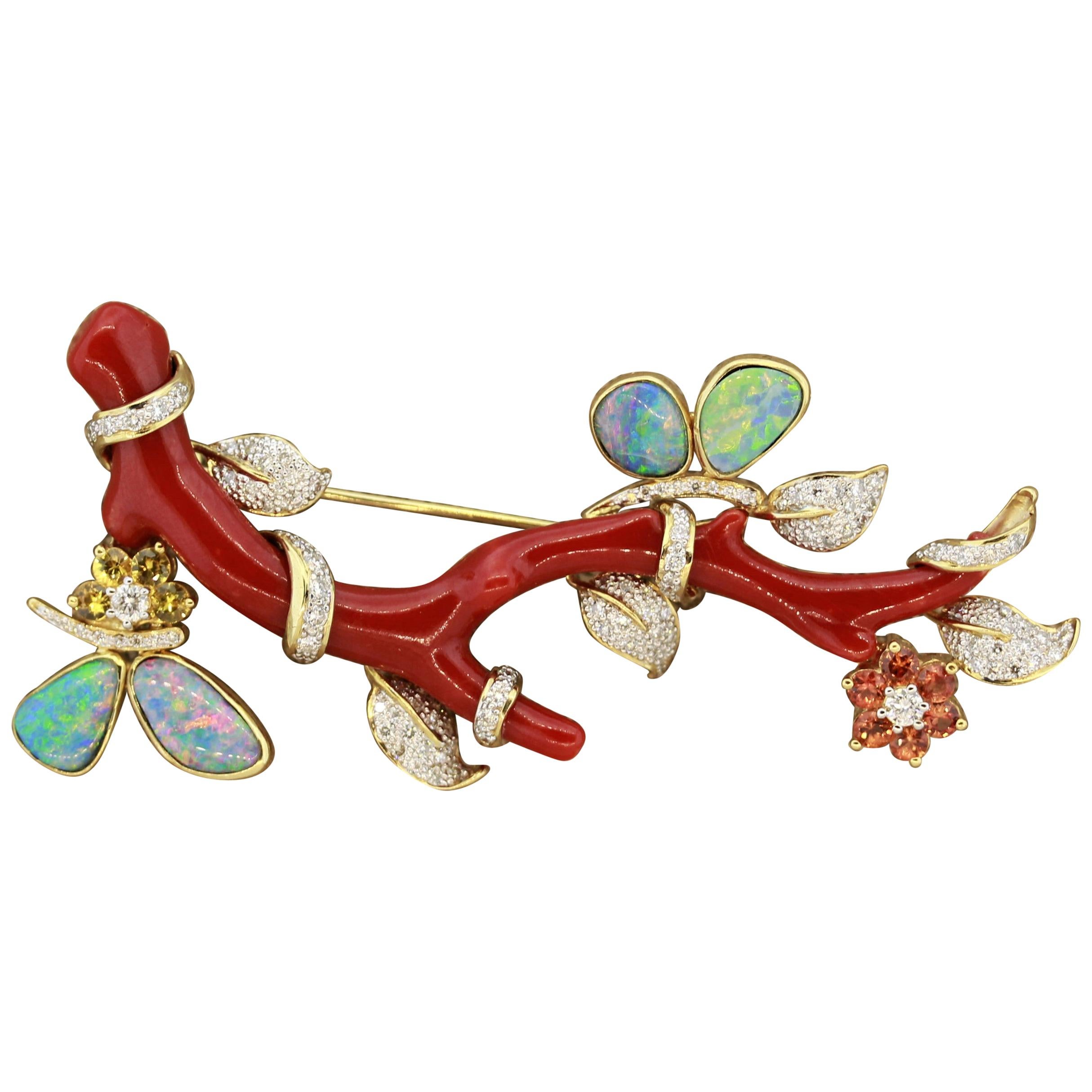 Magnificent Coral Branch Opal Diamond Sapphire Brooch For Sale