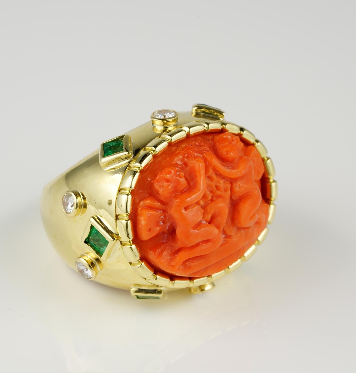 Seas Meet Earth

An absolutely Stunning mid century ring of exclusive design, enriched with fabulous earth mined gemstones, including gold which is mined from earth too, crowned by the king of Seas “Coral”
An amazing combination rendered by various