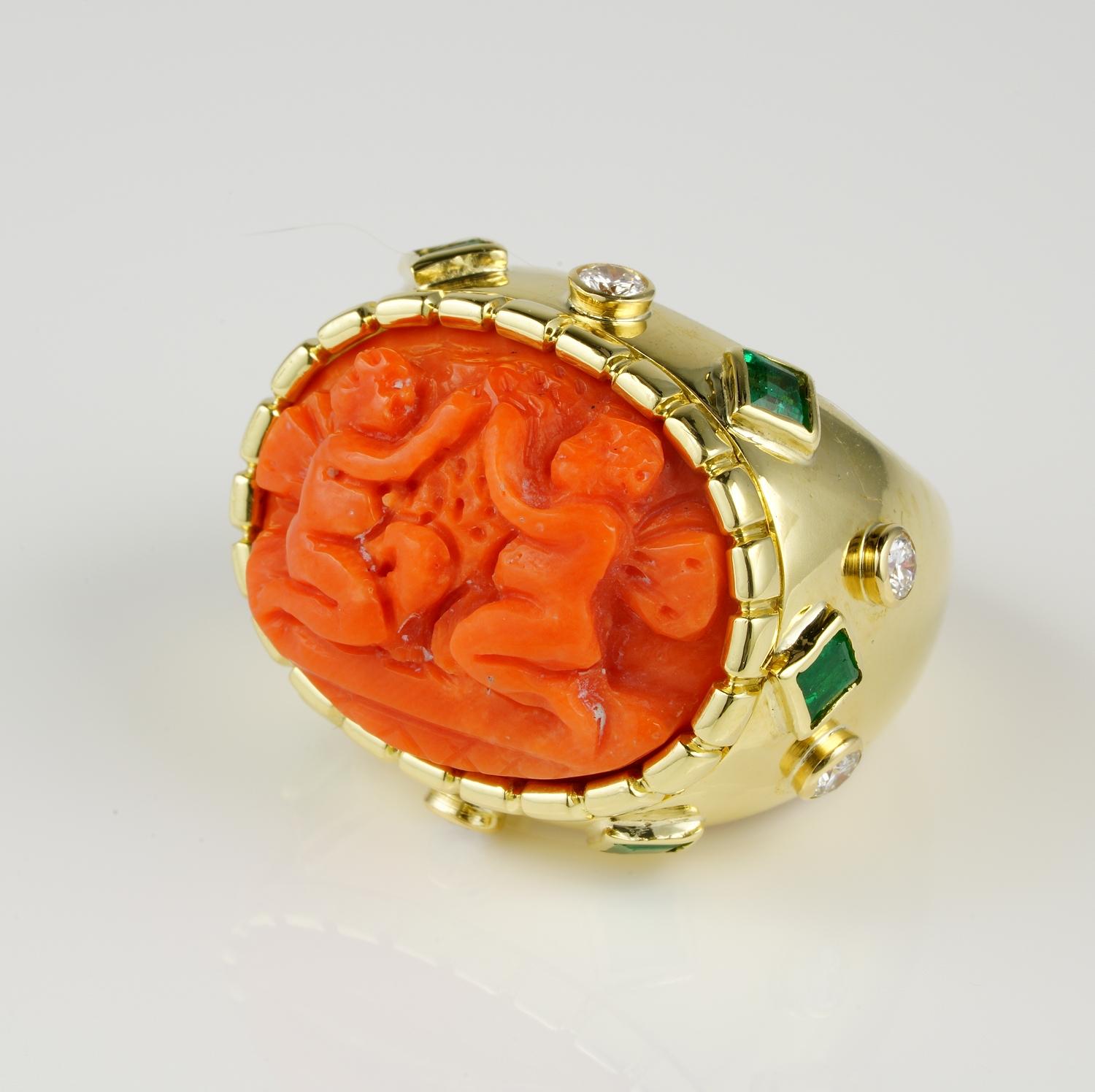 Contemporary Magnificent Coral Putti Diamond Emerald Rare Vintage Ring For Sale