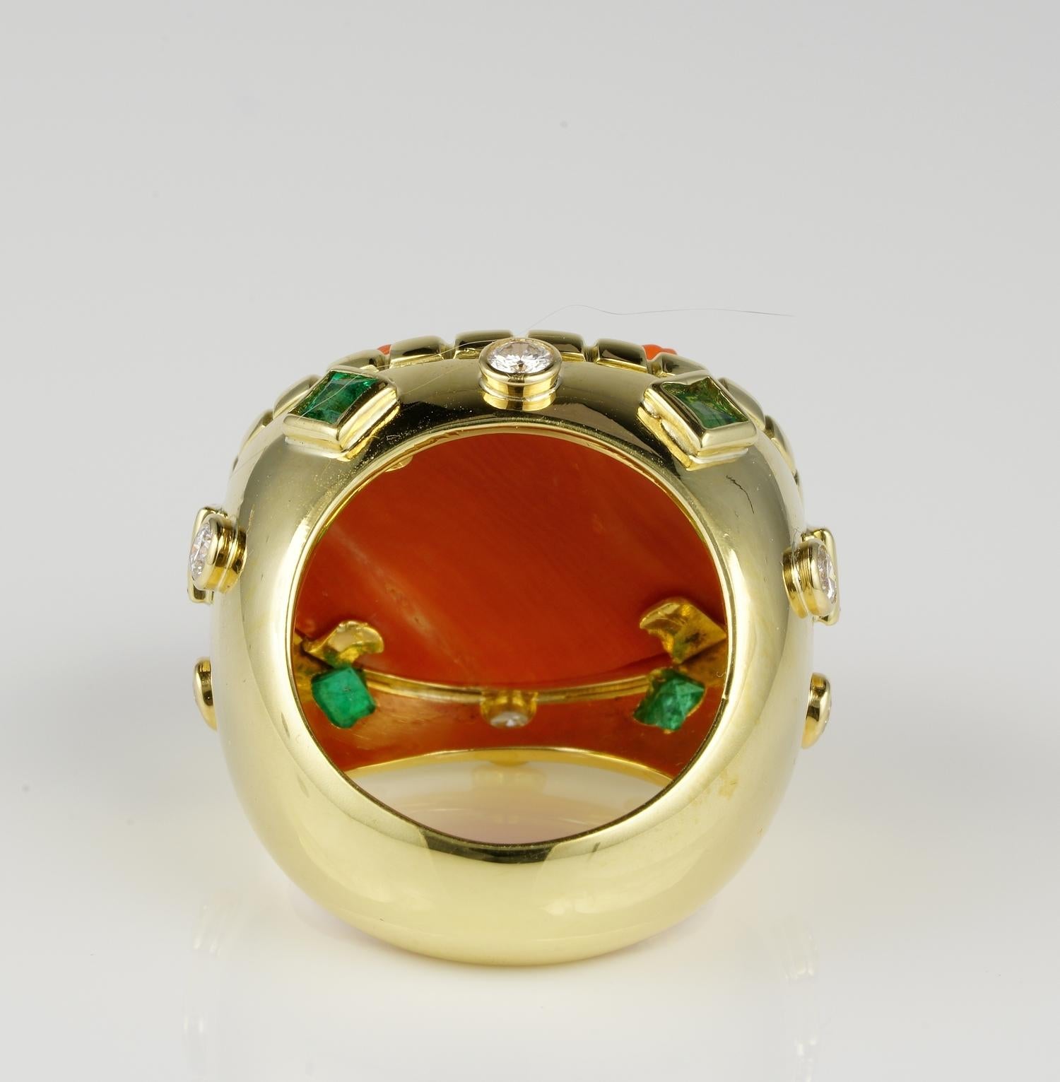Women's Magnificent Coral Putti Diamond Emerald Rare Vintage Ring For Sale