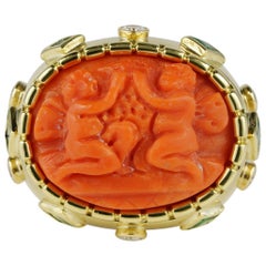 Magnificent Coral Putti Diamond Emerald Rare Vintage Ring